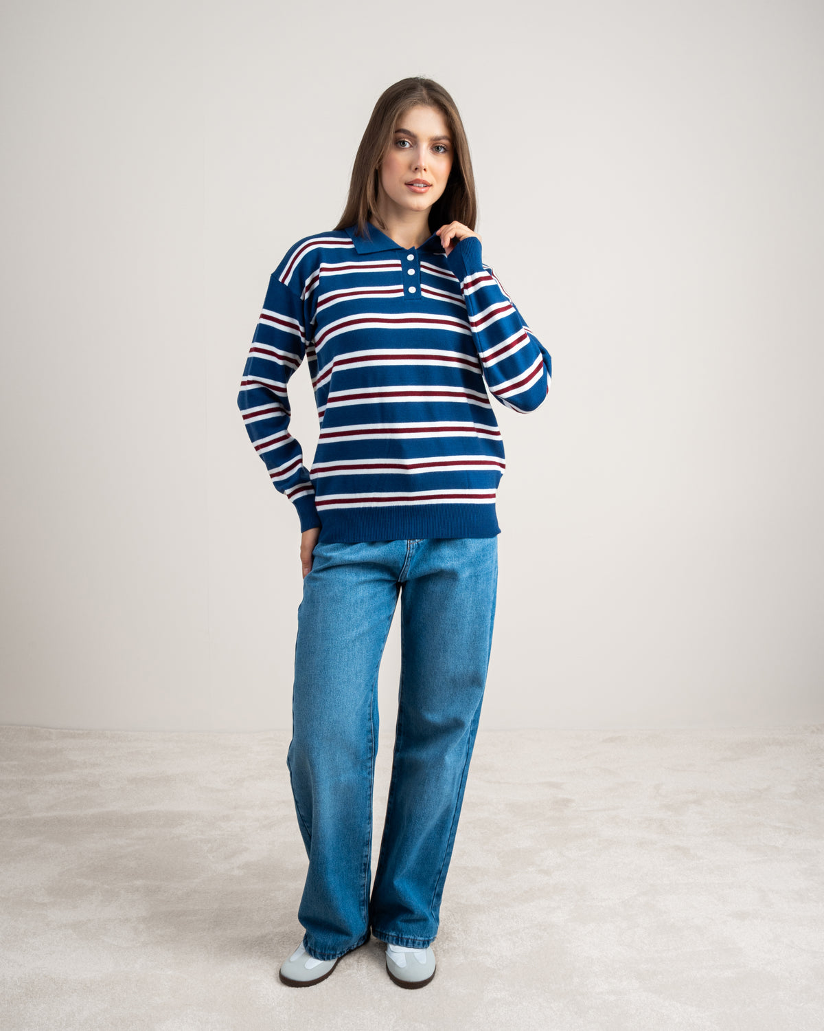 Striped Knitwear Pullover - With Button Collar