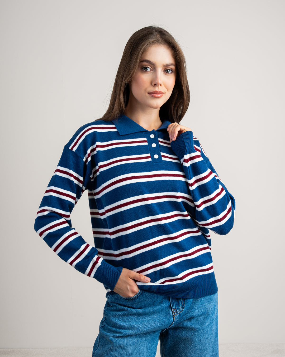 Striped Knitwear Pullover - With Button Collar