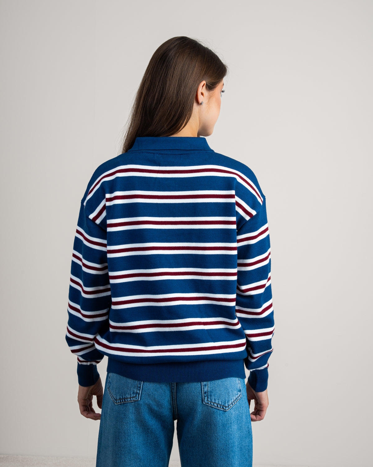 Striped Knitwear Pullover - With Button Collar