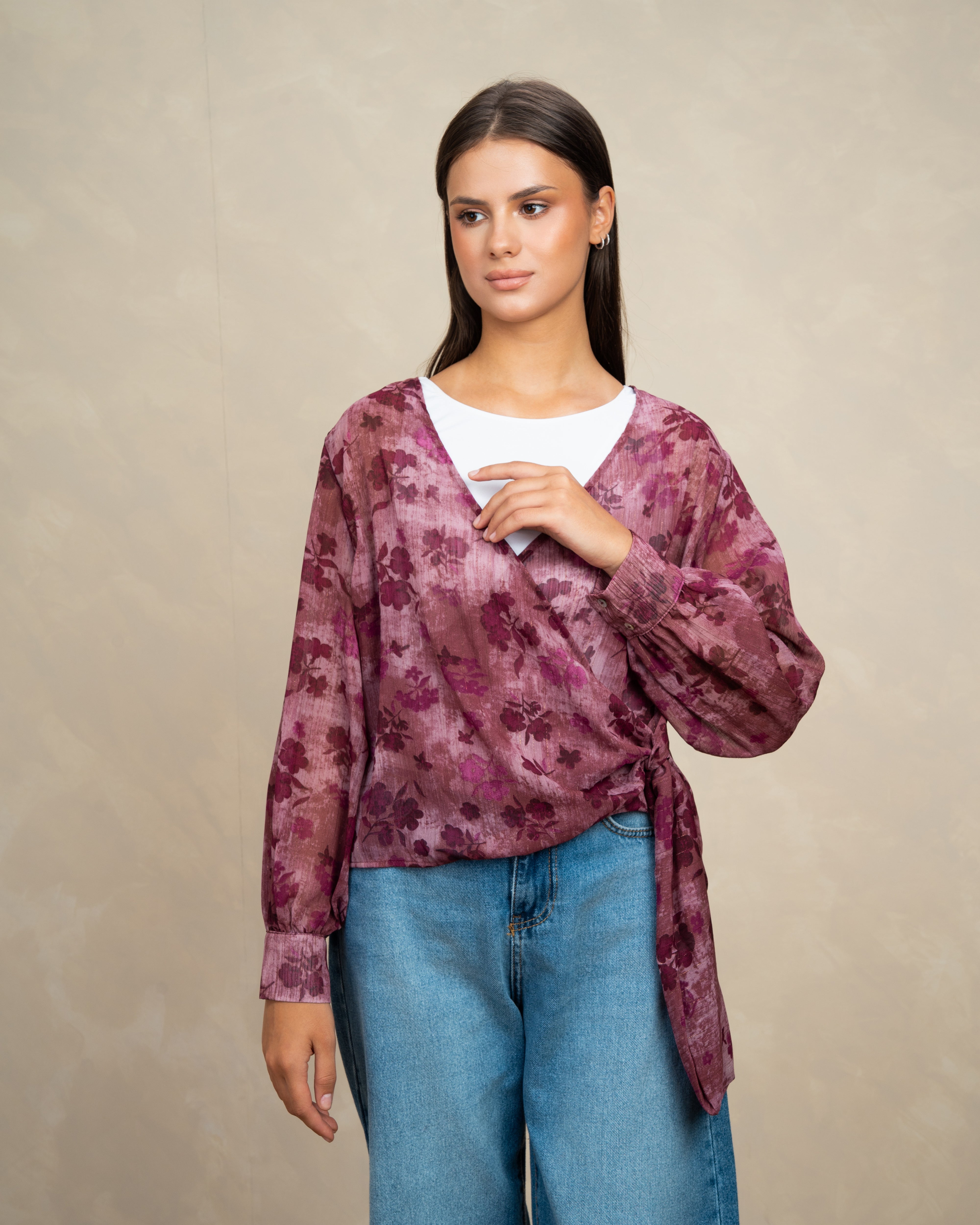 Floral Belted Wrap Blouse