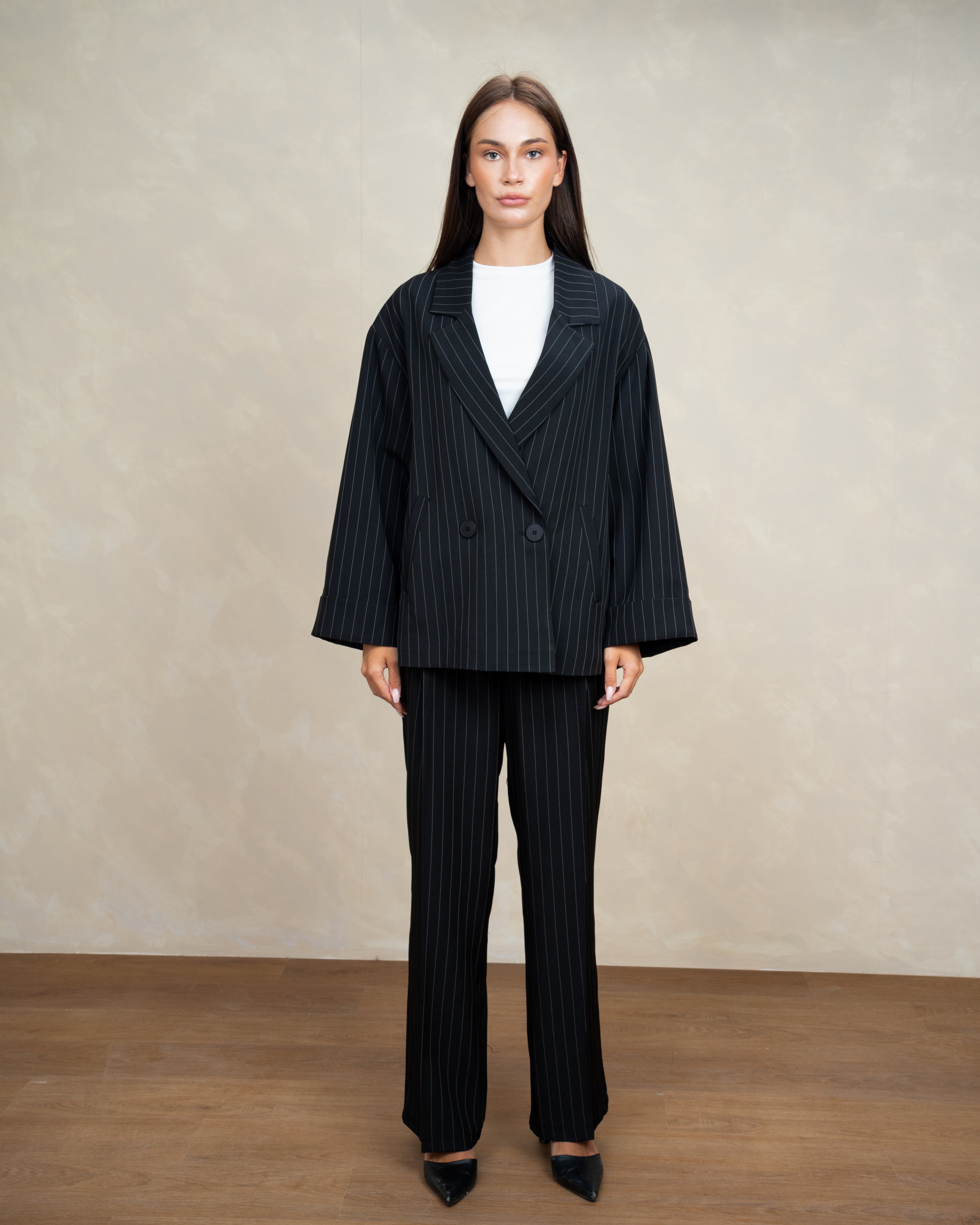 Long Striped Classic Blazer - With Rolled Sleeves