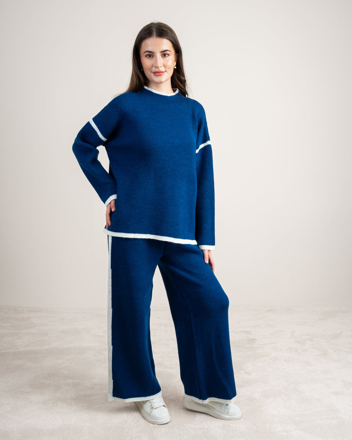 Plain Knitwear Suit - With Contrast Neckline
