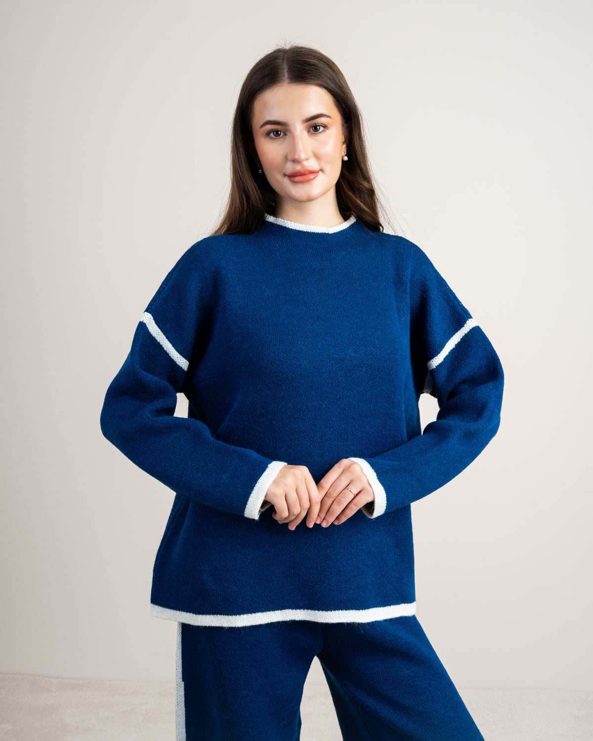 Plain Knitwear Suit - With Contrast Neckline