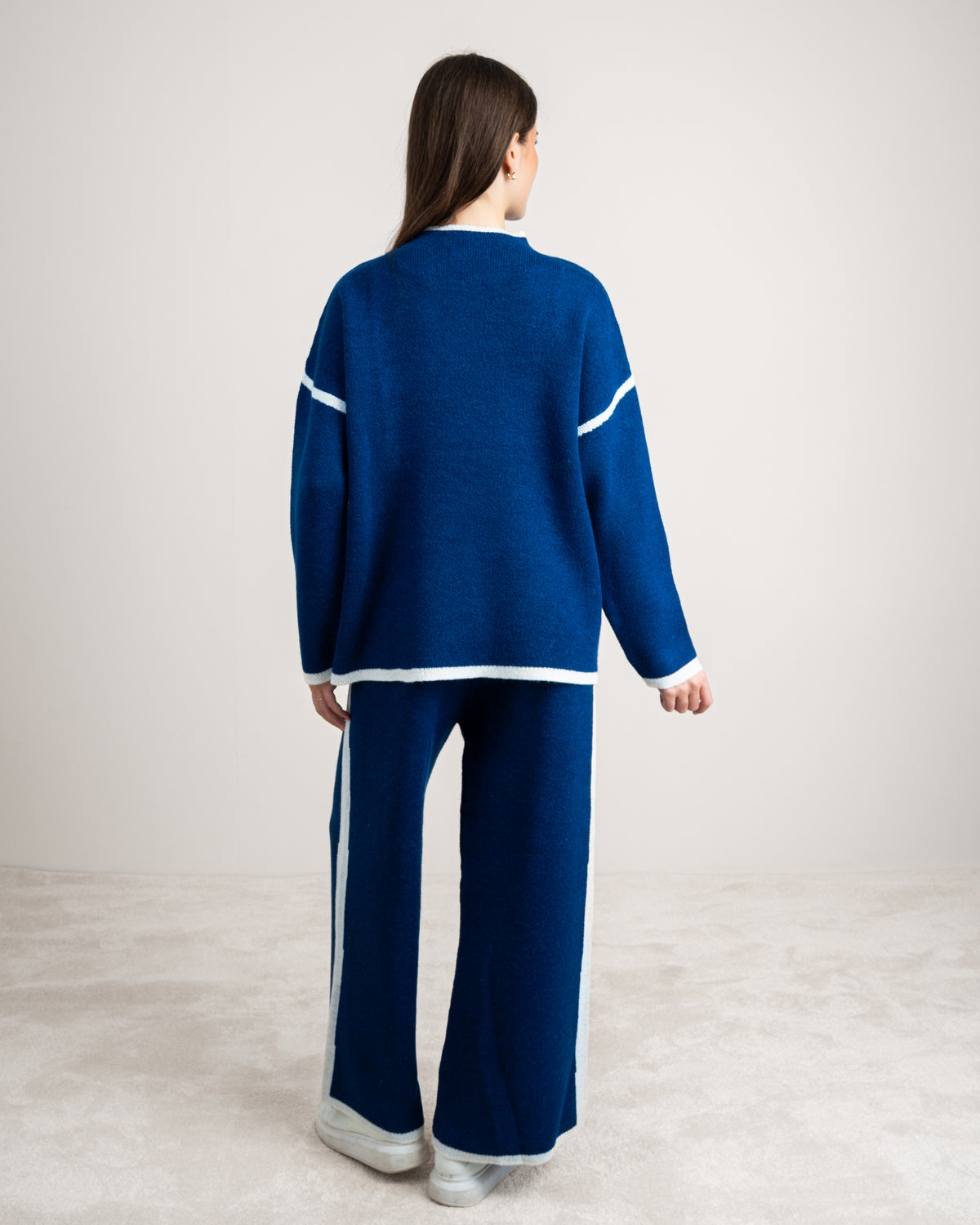 Plain Knitwear Suit - With Contrast Neckline