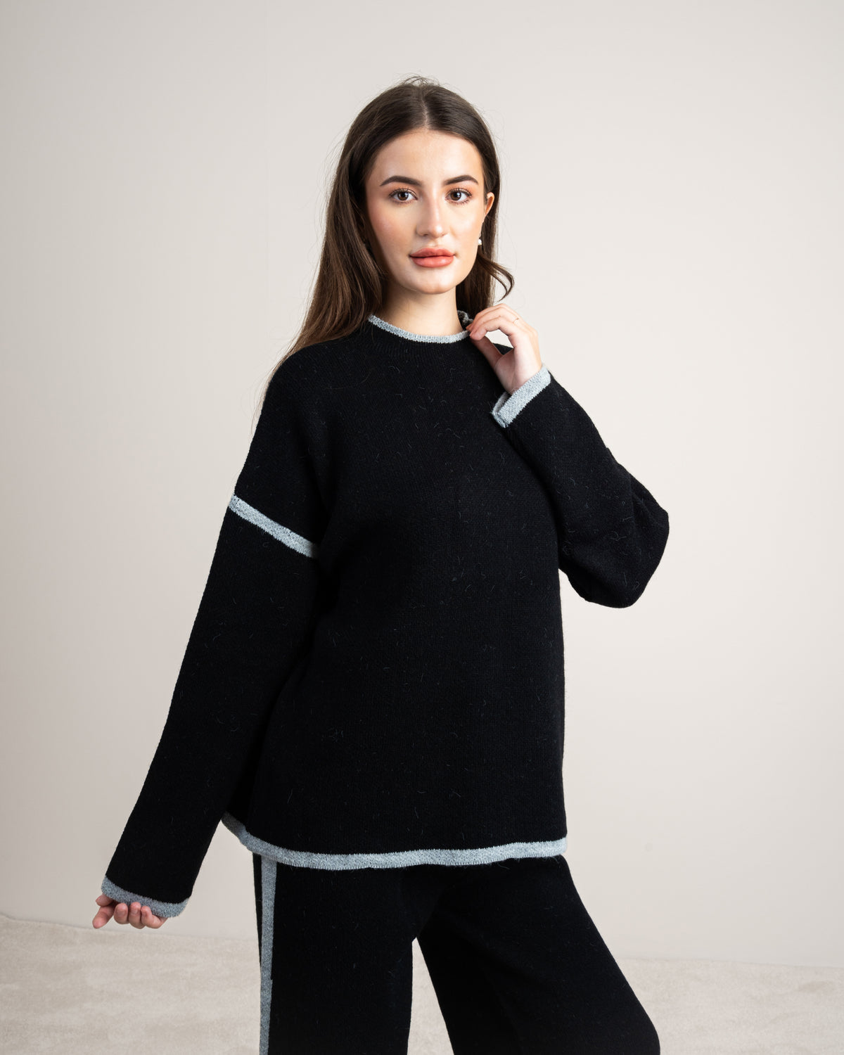 Plain Knitwear Suit - With Contrast Neckline
