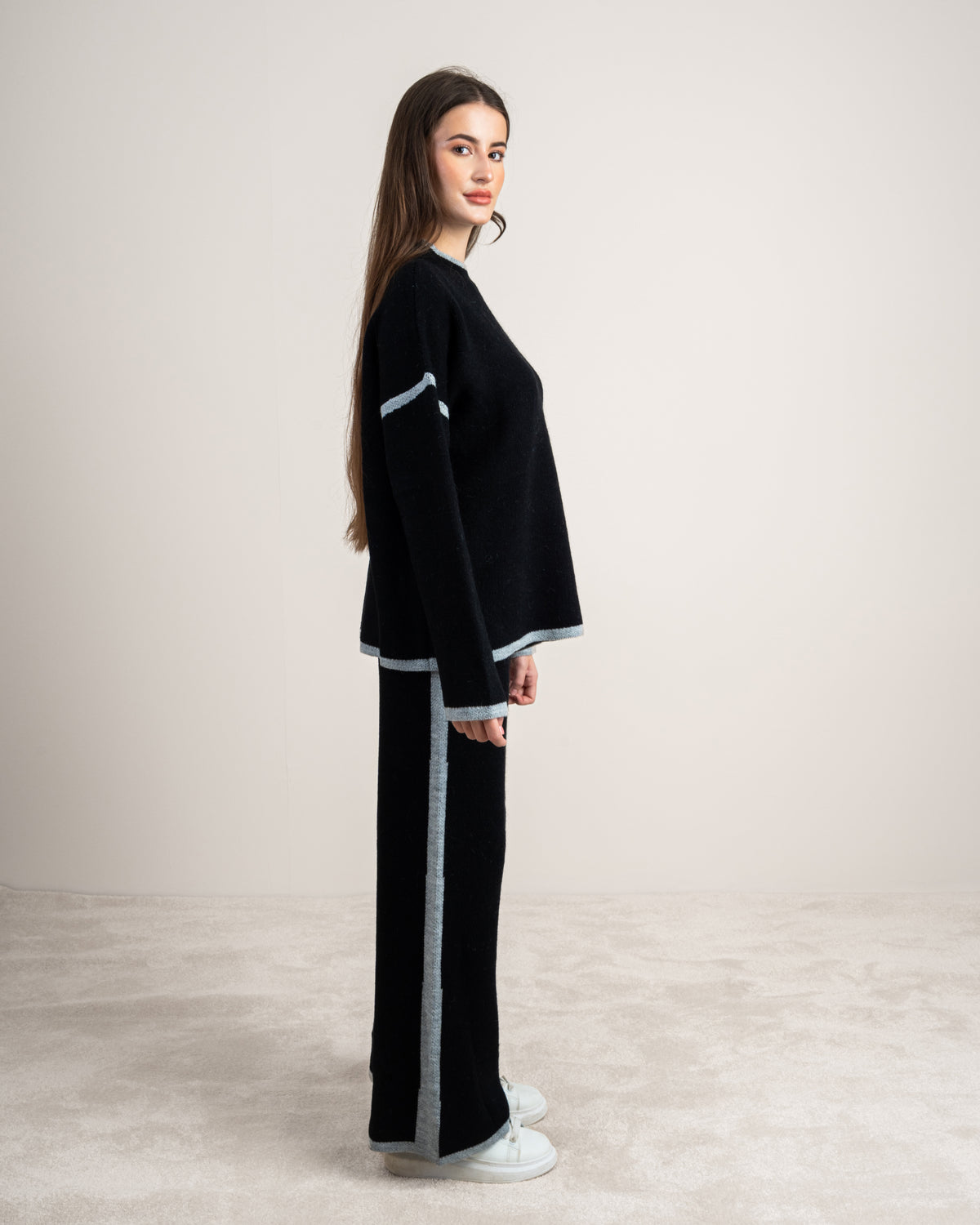 Plain Knitwear Suit - With Contrast Neckline