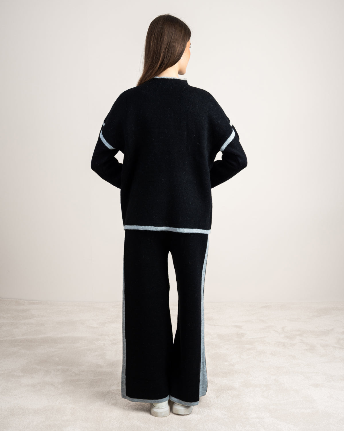 Plain Knitwear Suit - With Contrast Neckline