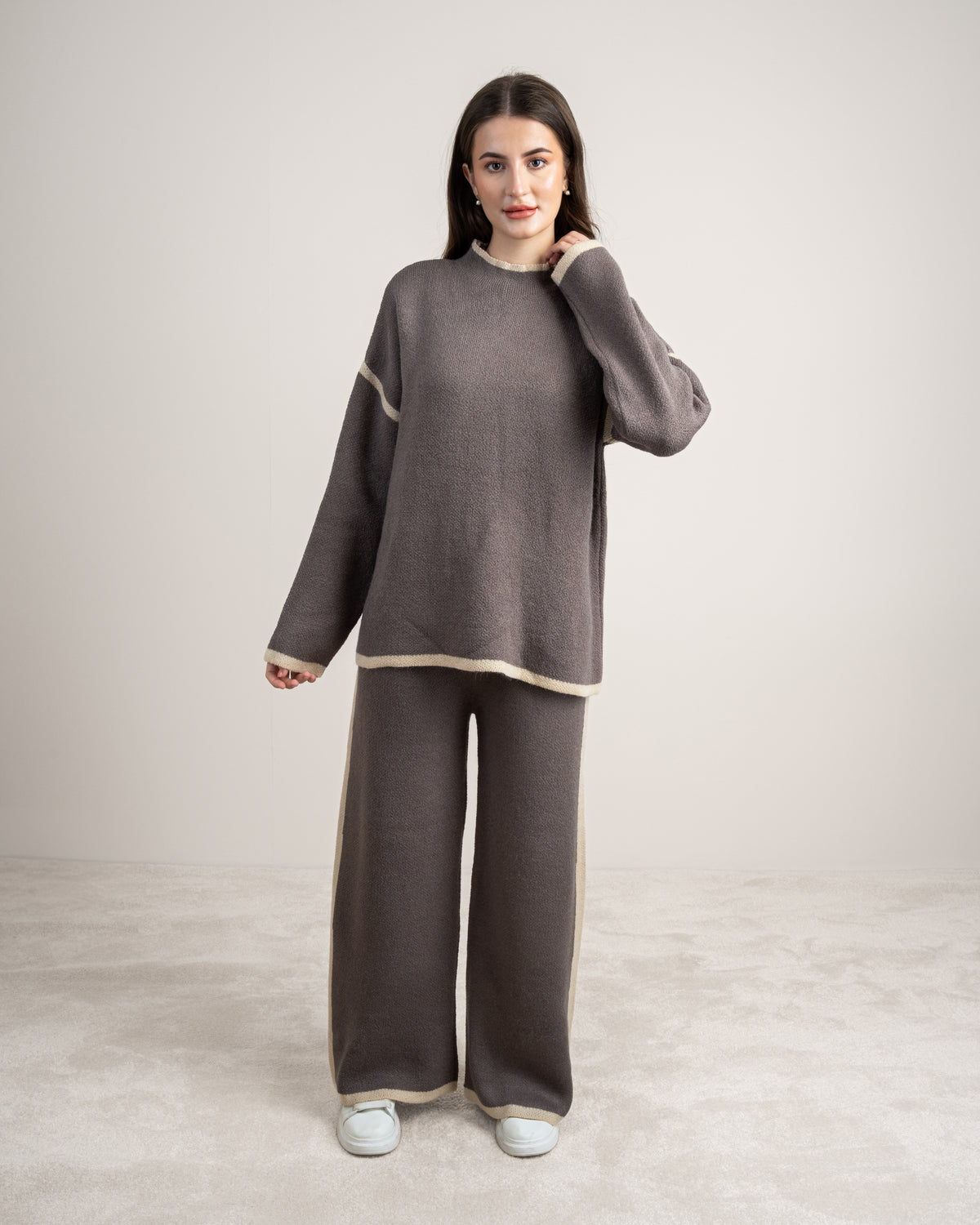 Plain Knitwear Suit - With Contrast Neckline