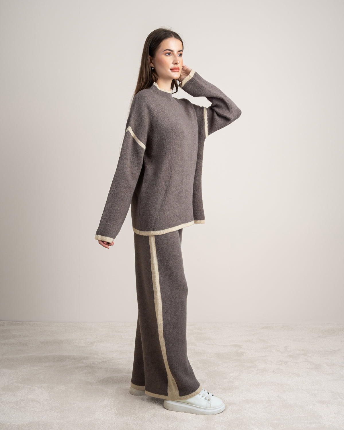 Plain Knitwear Suit - With Contrast Neckline