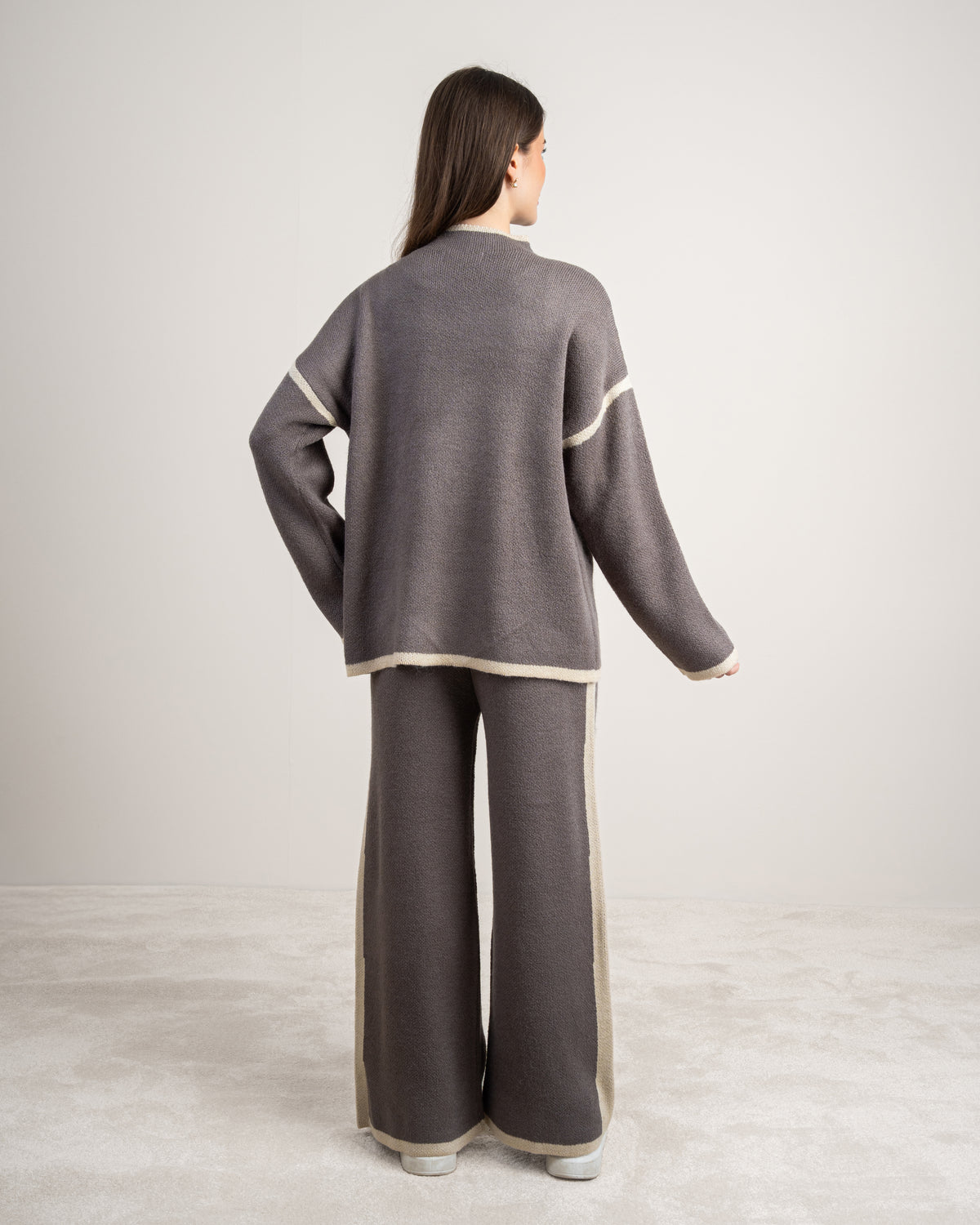 Plain Knitwear Suit - With Contrast Neckline
