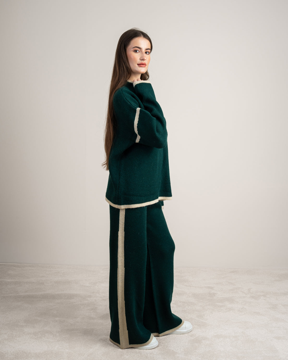 Plain Knitwear Suit - With Contrast Neckline
