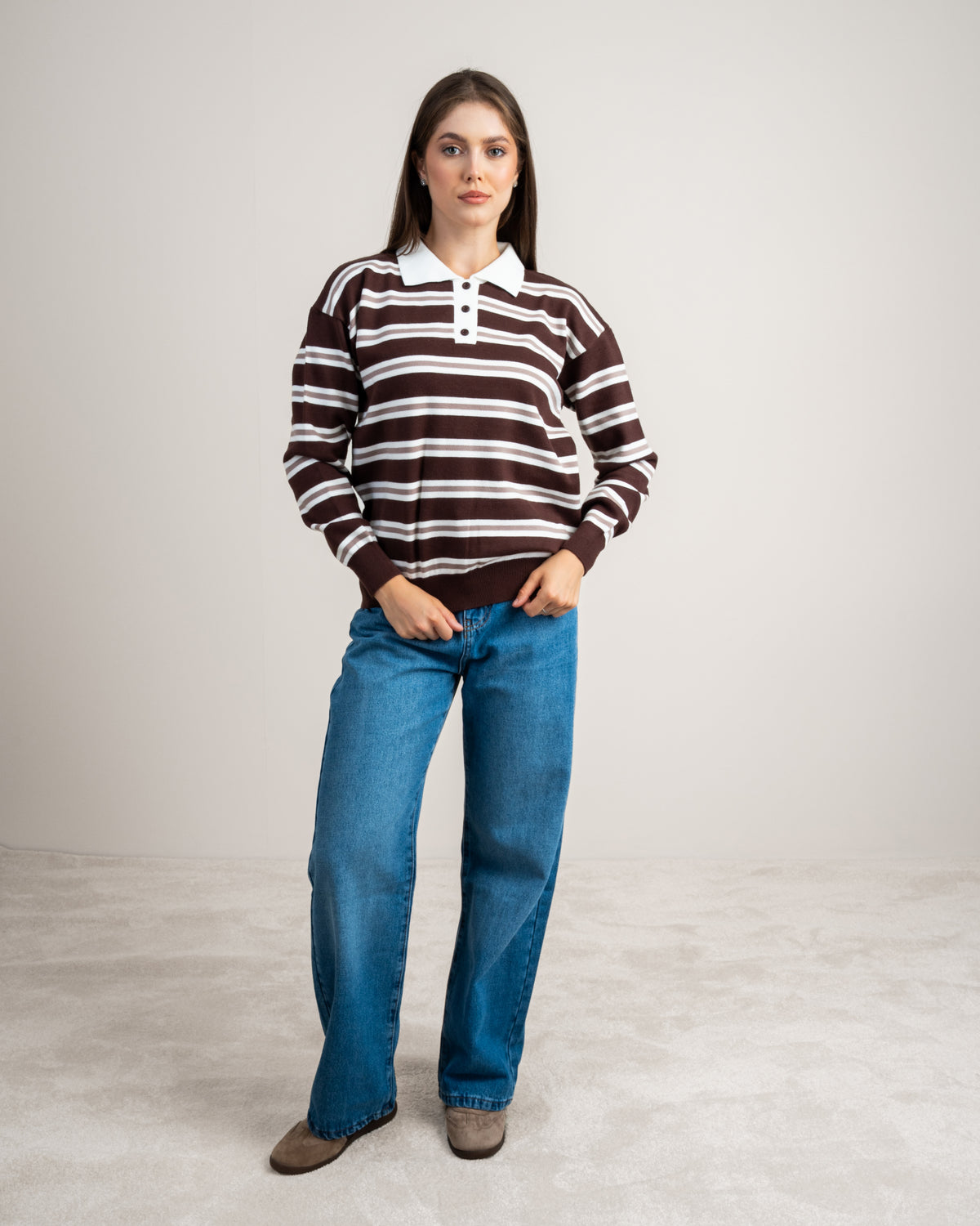 Striped Knitwear Pullover - With Button Collar