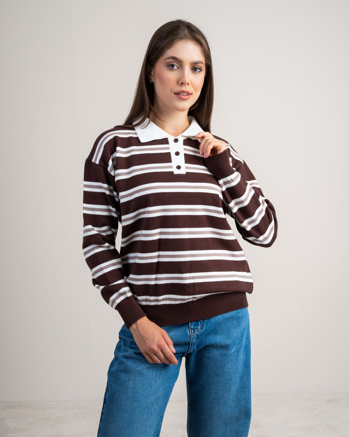 Striped Knitwear Pullover - With Button Collar