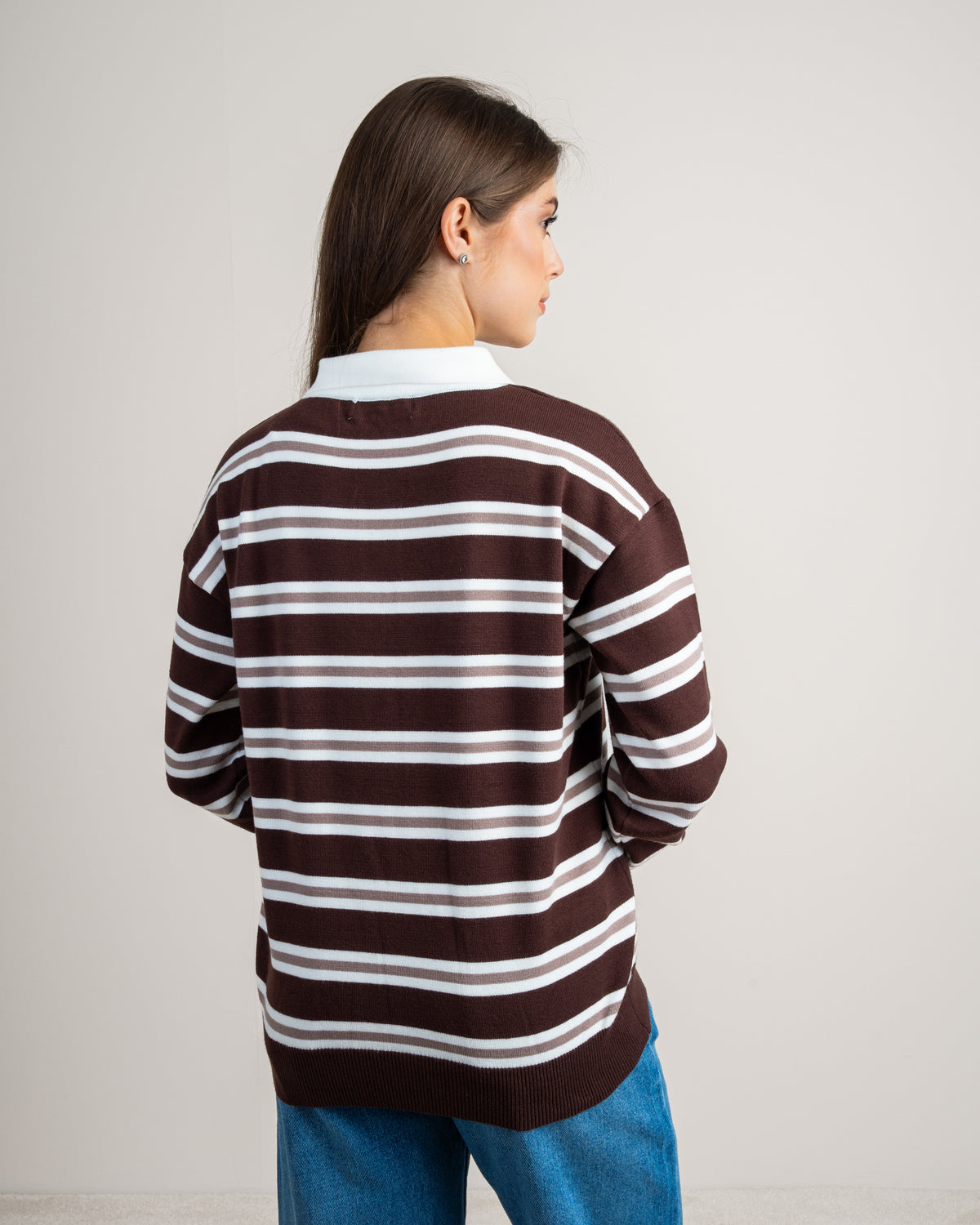 Striped Knitwear Pullover - With Button Collar