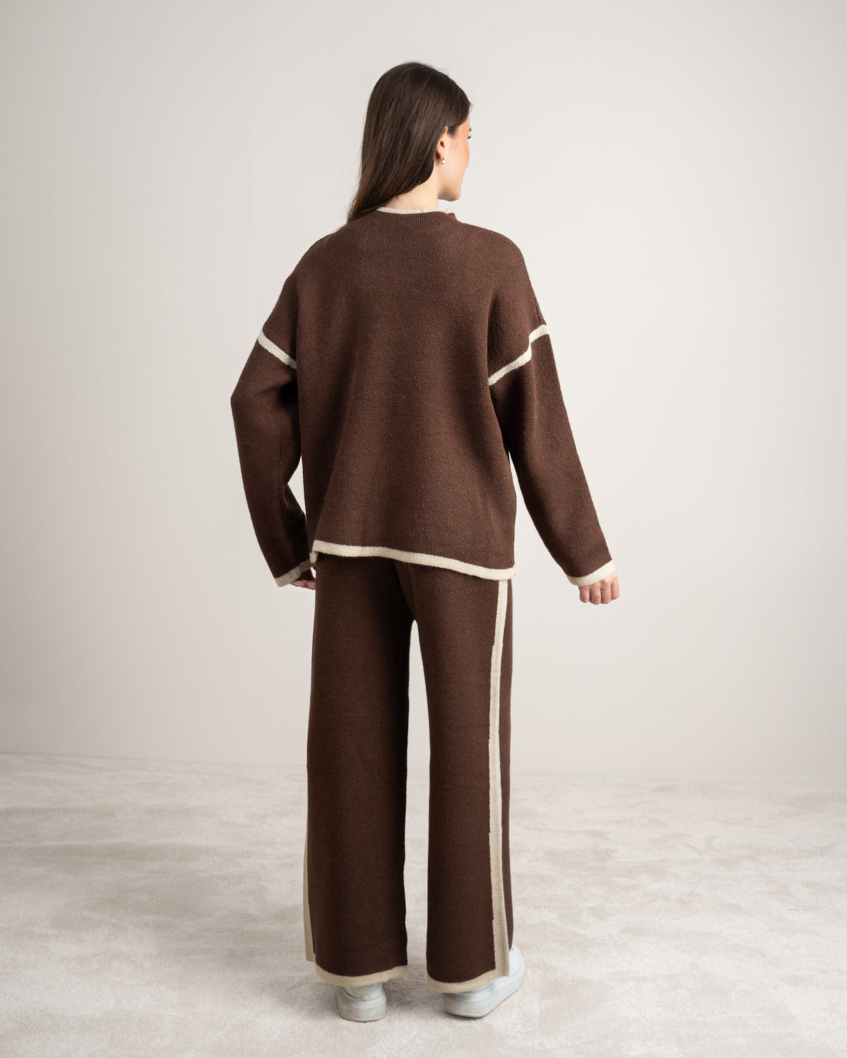 Plain Knitwear Suit - With Contrast Neckline