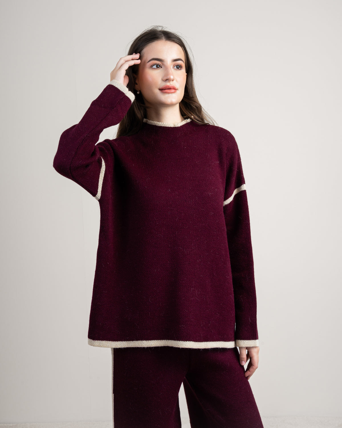 Plain Knitwear Suit - With Contrast Neckline