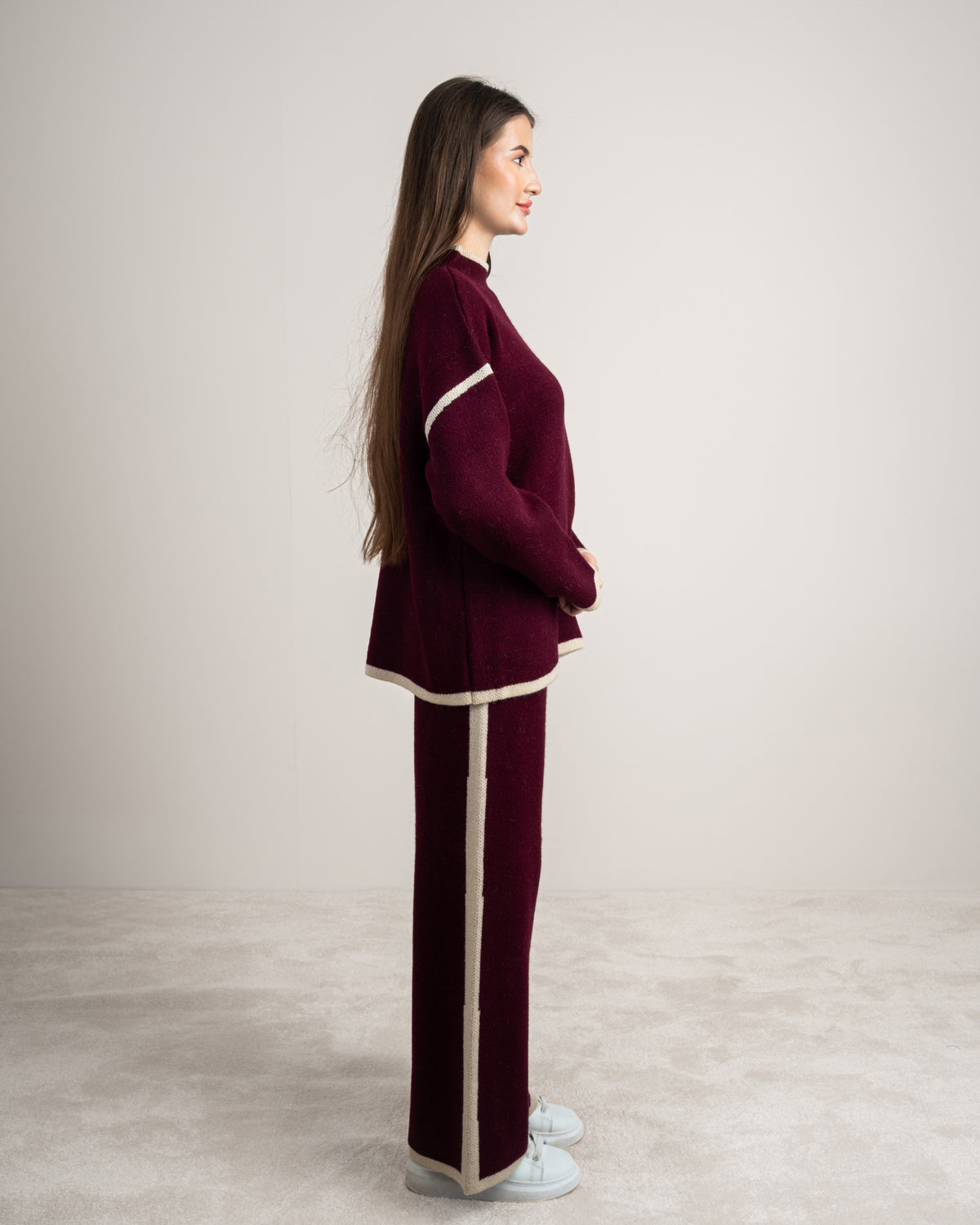 Plain Knitwear Suit - With Contrast Neckline