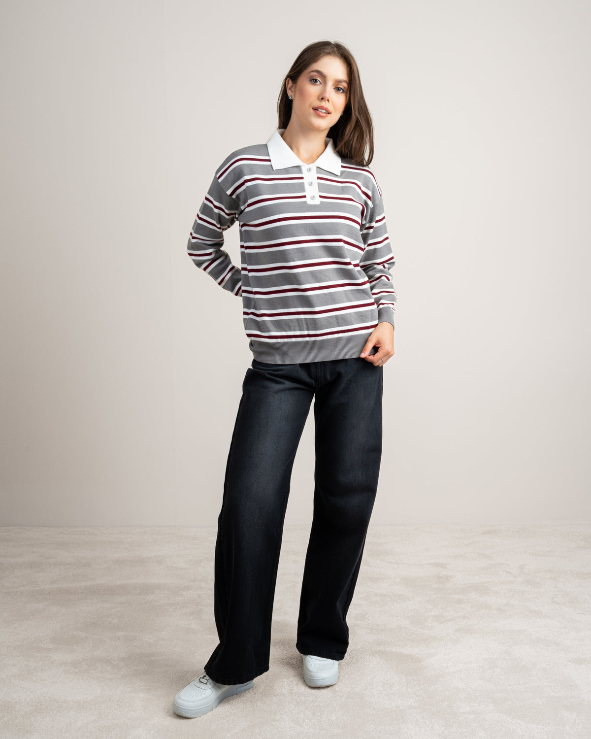 Striped Knitwear Pullover - With Button Collar