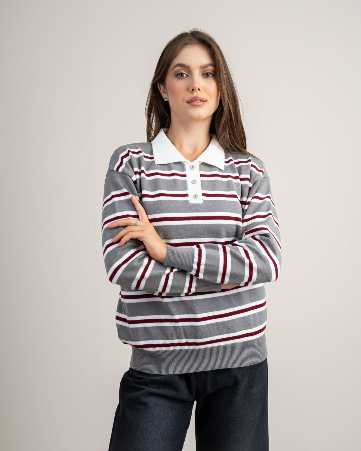 Striped Knitwear Pullover - With Button Collar