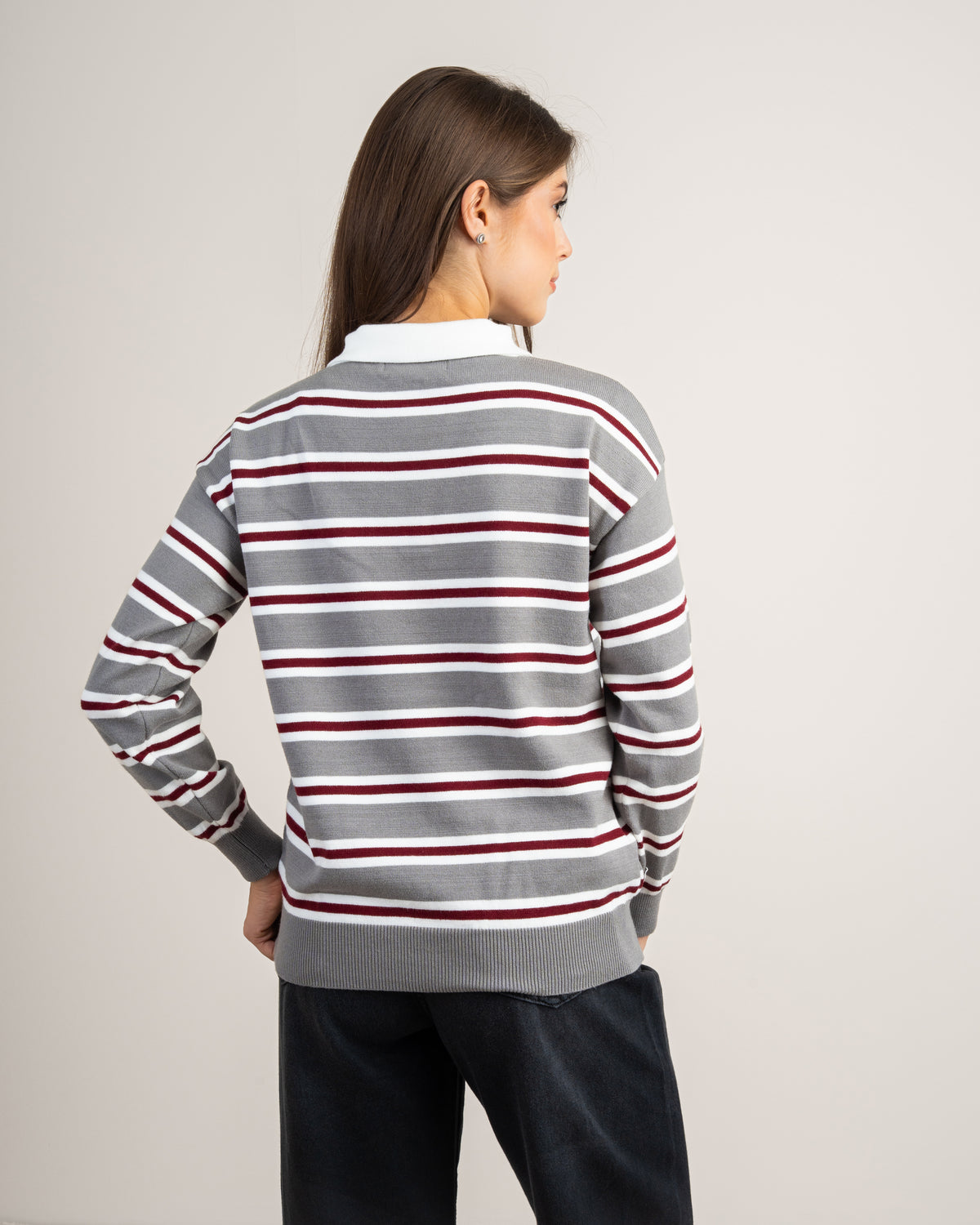 Striped Knitwear Pullover - With Button Collar