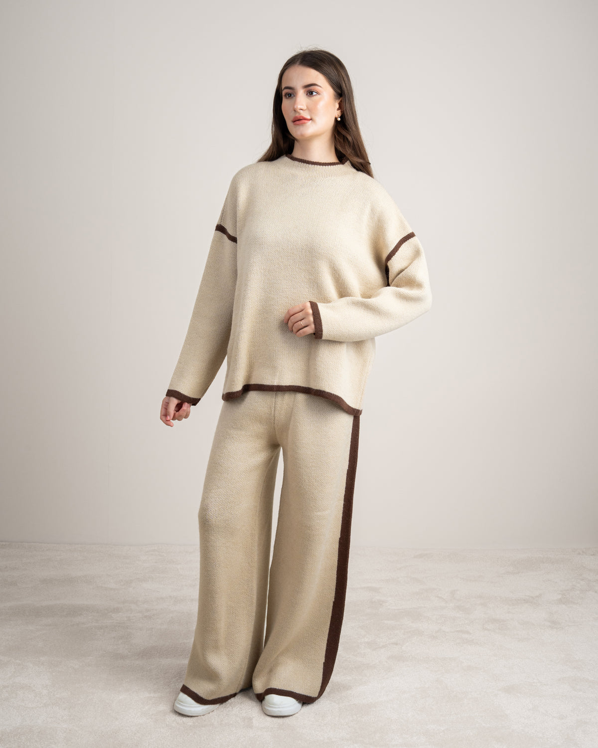 Plain Knitwear Suit - With Contrast Neckline