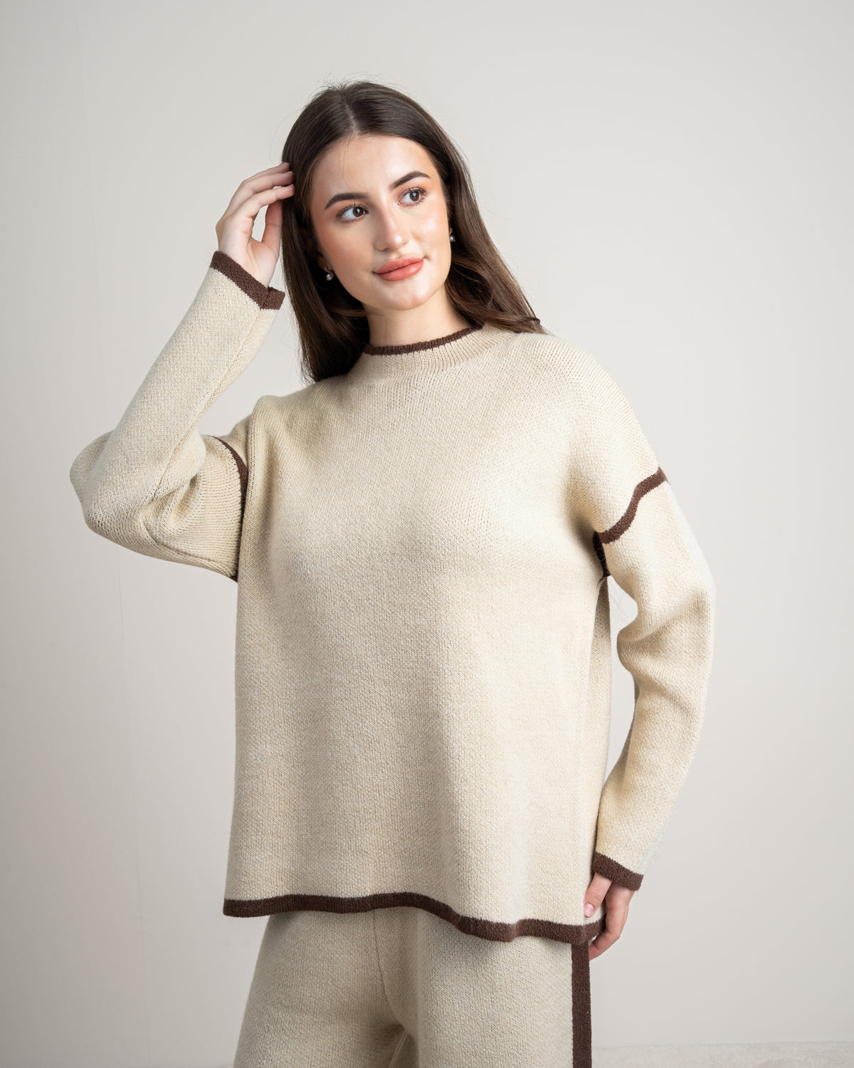 Plain Knitwear Suit - With Contrast Neckline