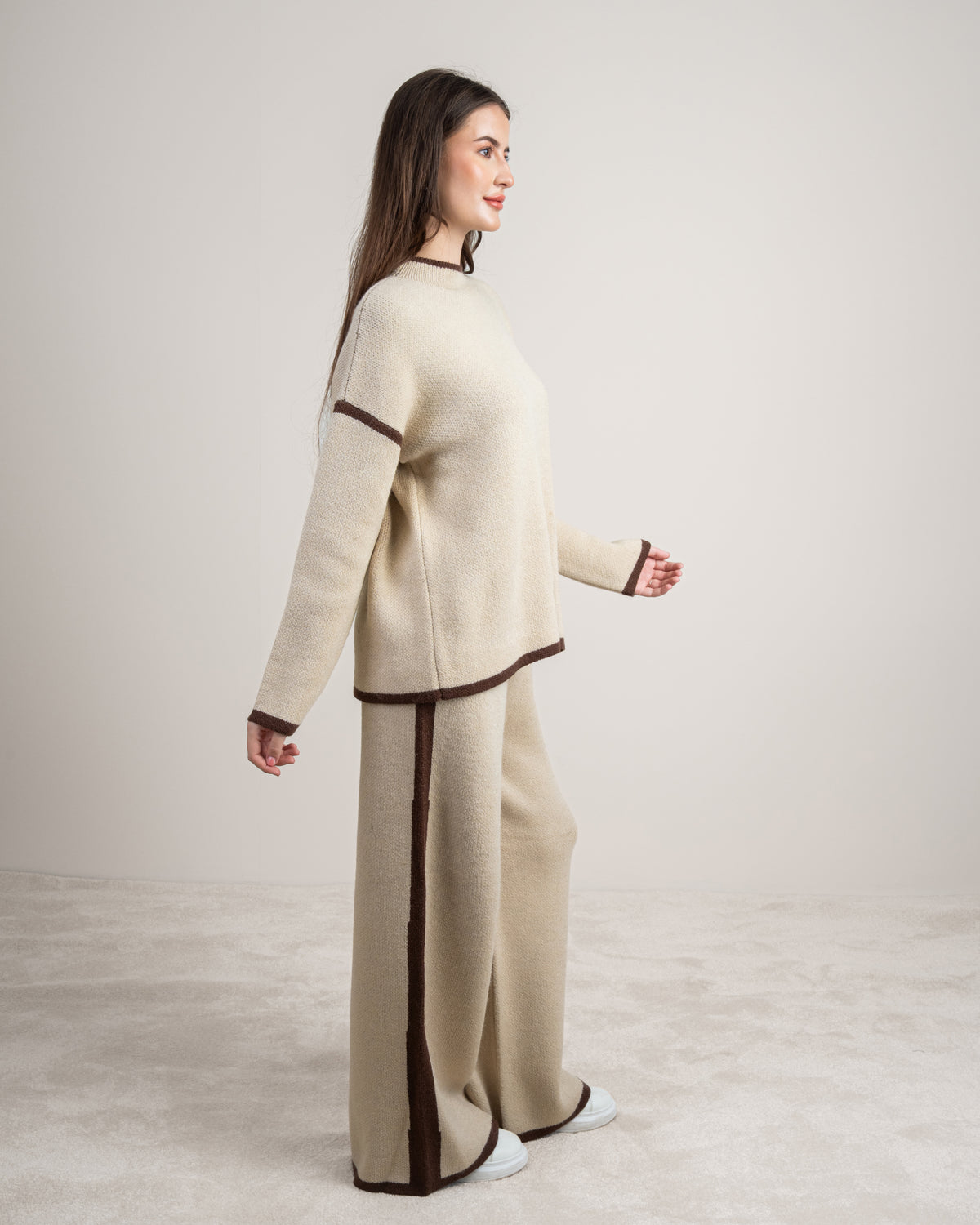 Plain Knitwear Suit - With Contrast Neckline