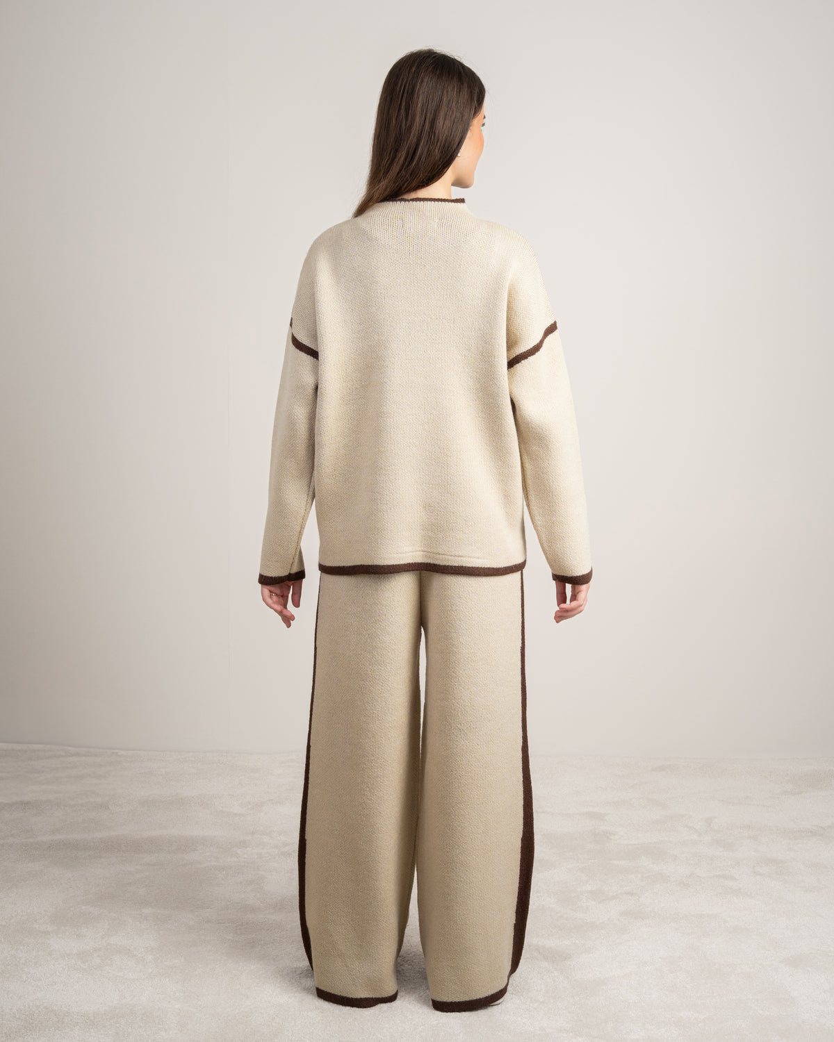 Plain Knitwear Suit - With Contrast Neckline