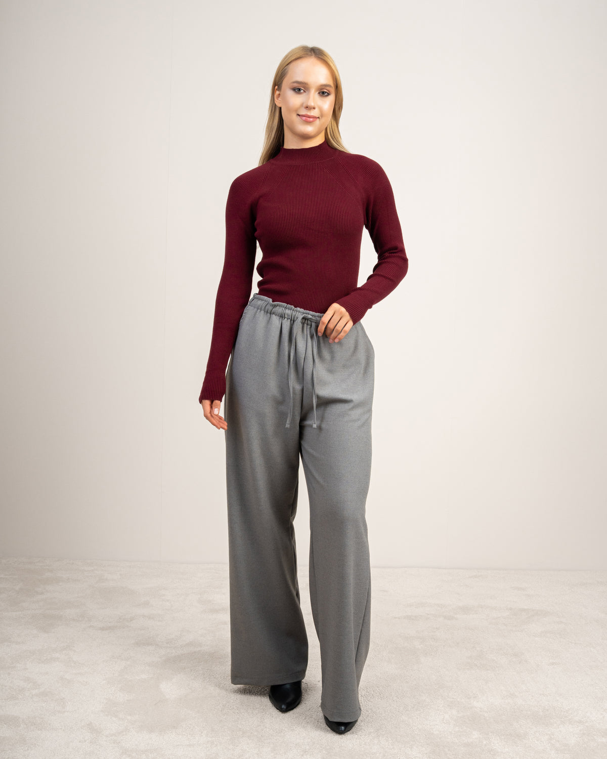 Plain Trousers With Elastic Waist - And Drawstring
