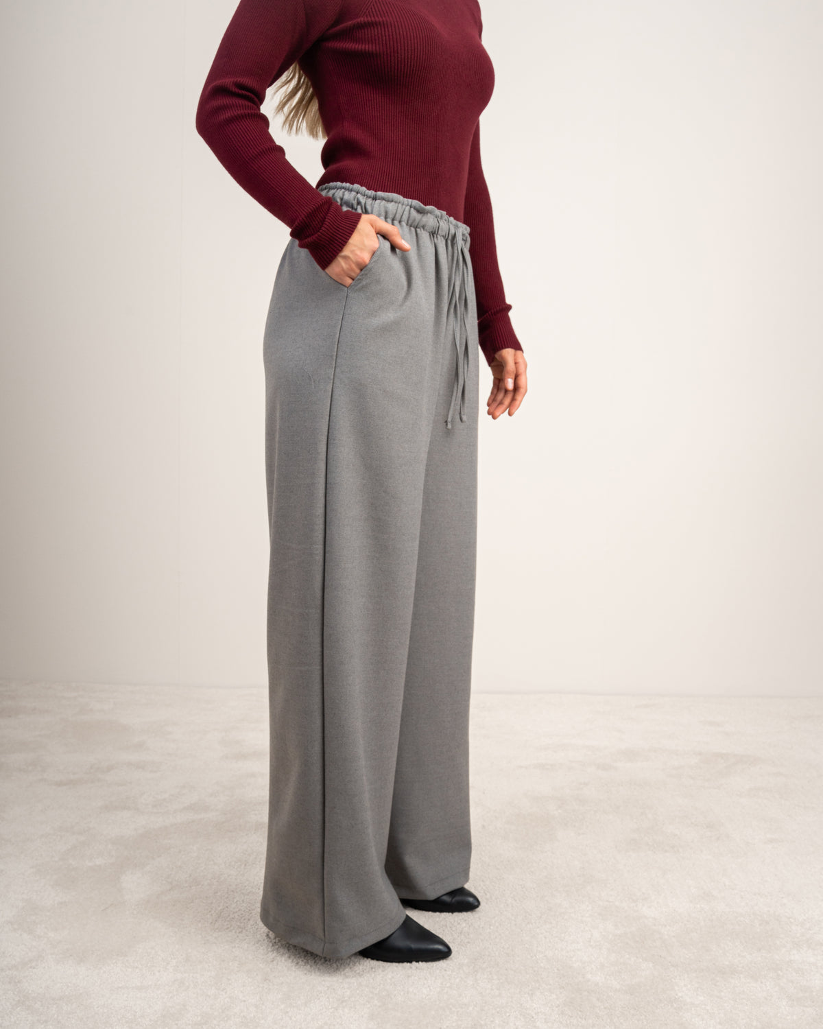 Plain Trousers With Elastic Waist - And Drawstring