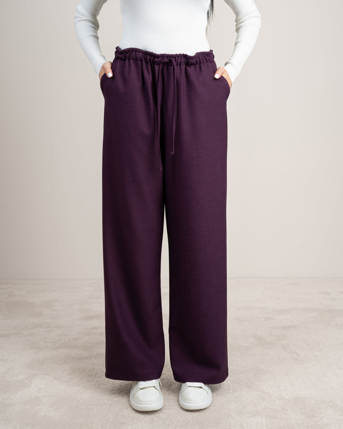 Plain Trousers With Elastic Waist - And Drawstring