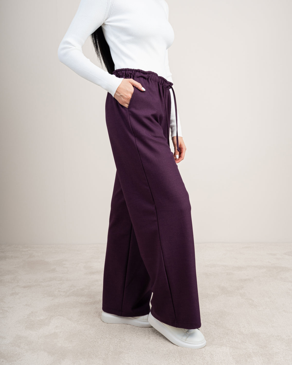 Plain Trousers With Elastic Waist - And Drawstring