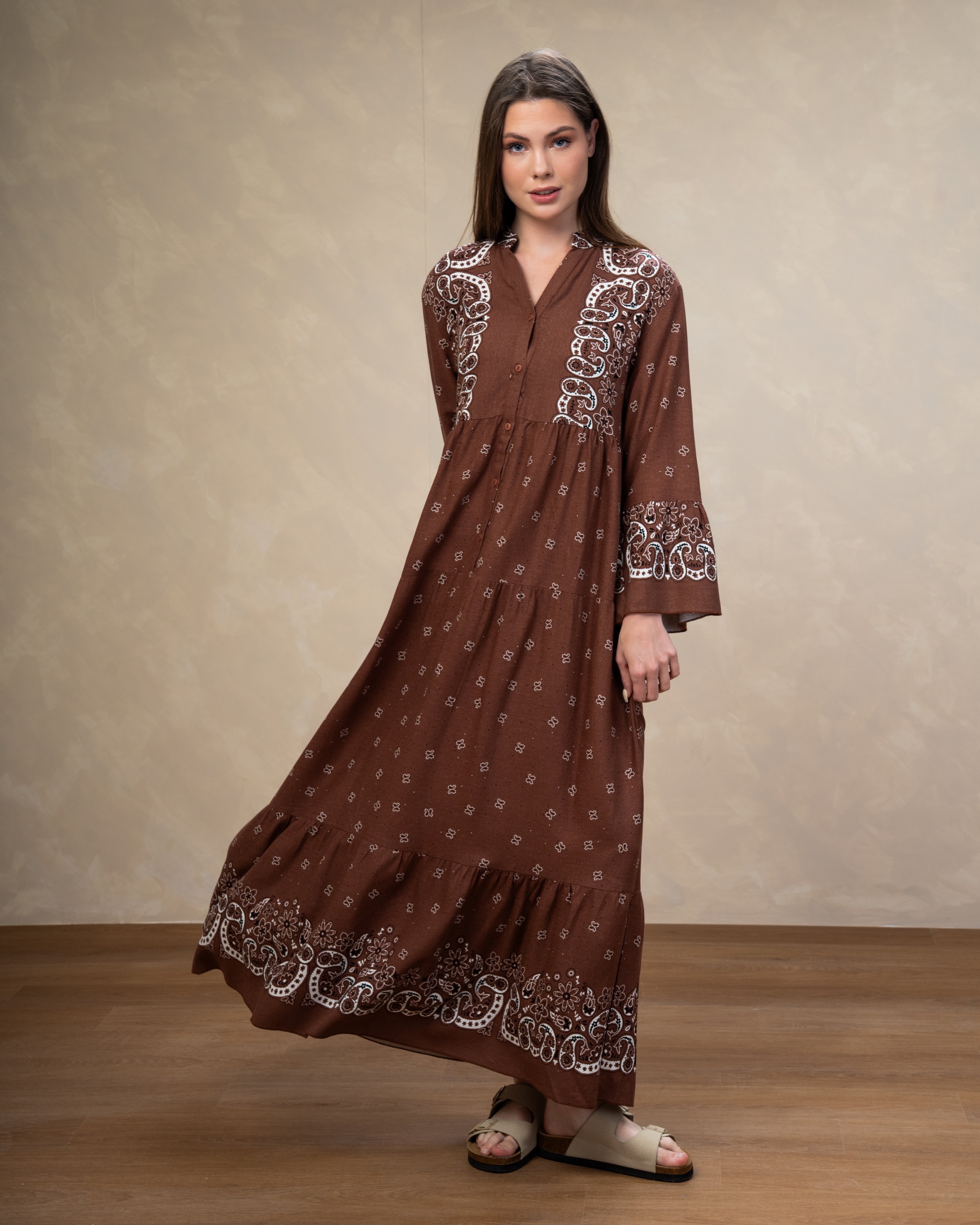 Wide Neck Dress With - Floral Chest Embroidery