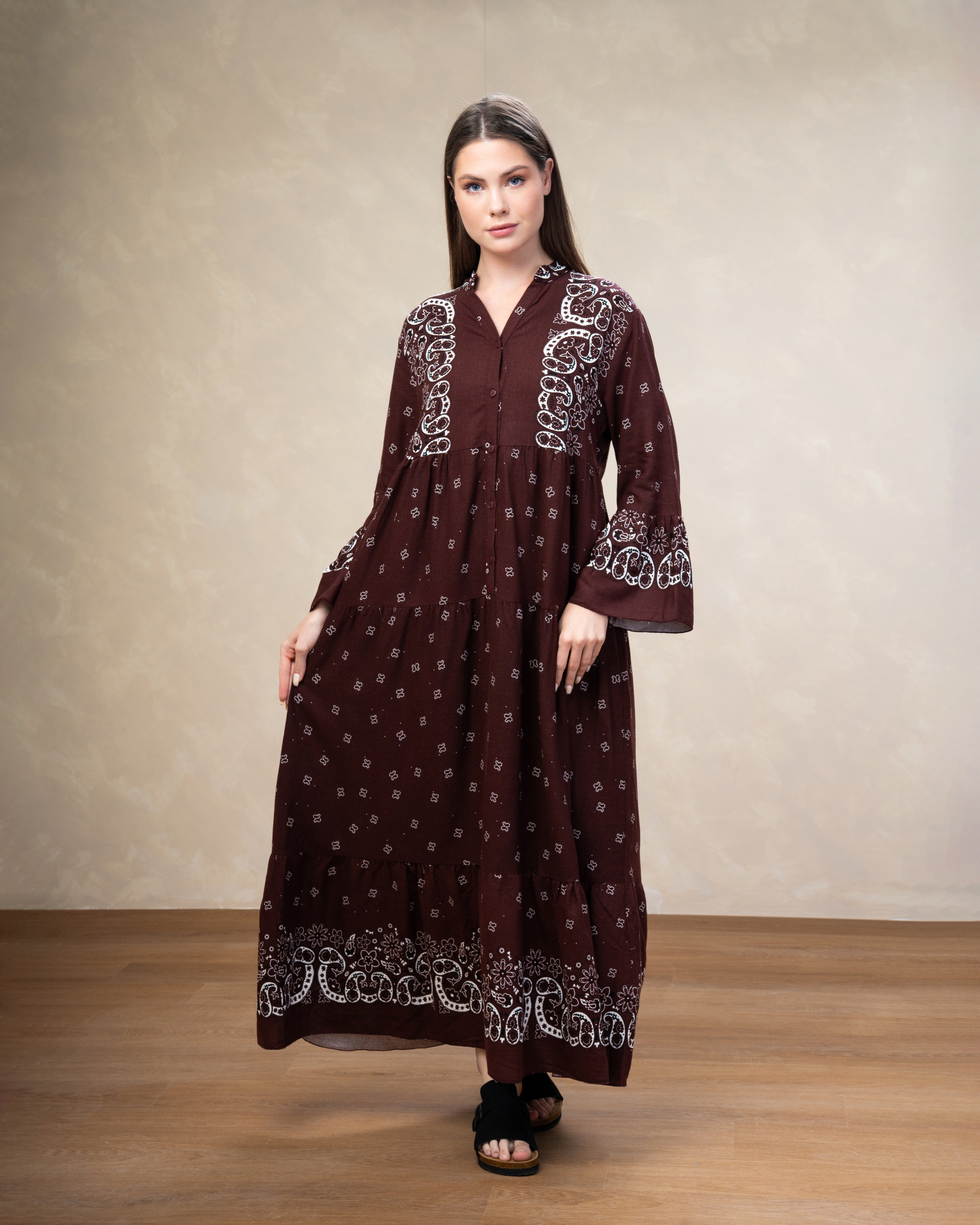 Wide Neck Dress With - Floral Chest Embroidery