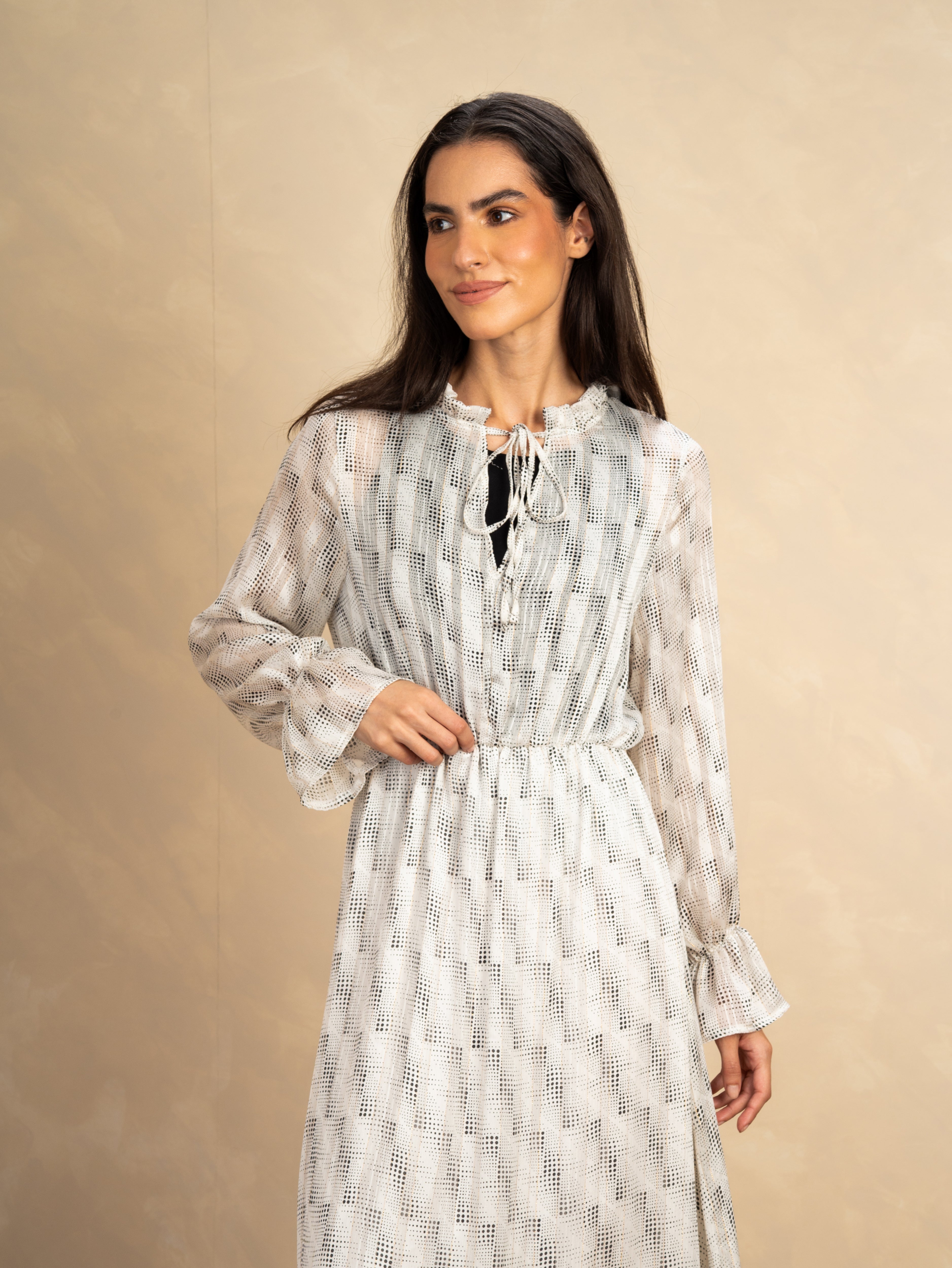 Checked Dress With Elastic Sleeves