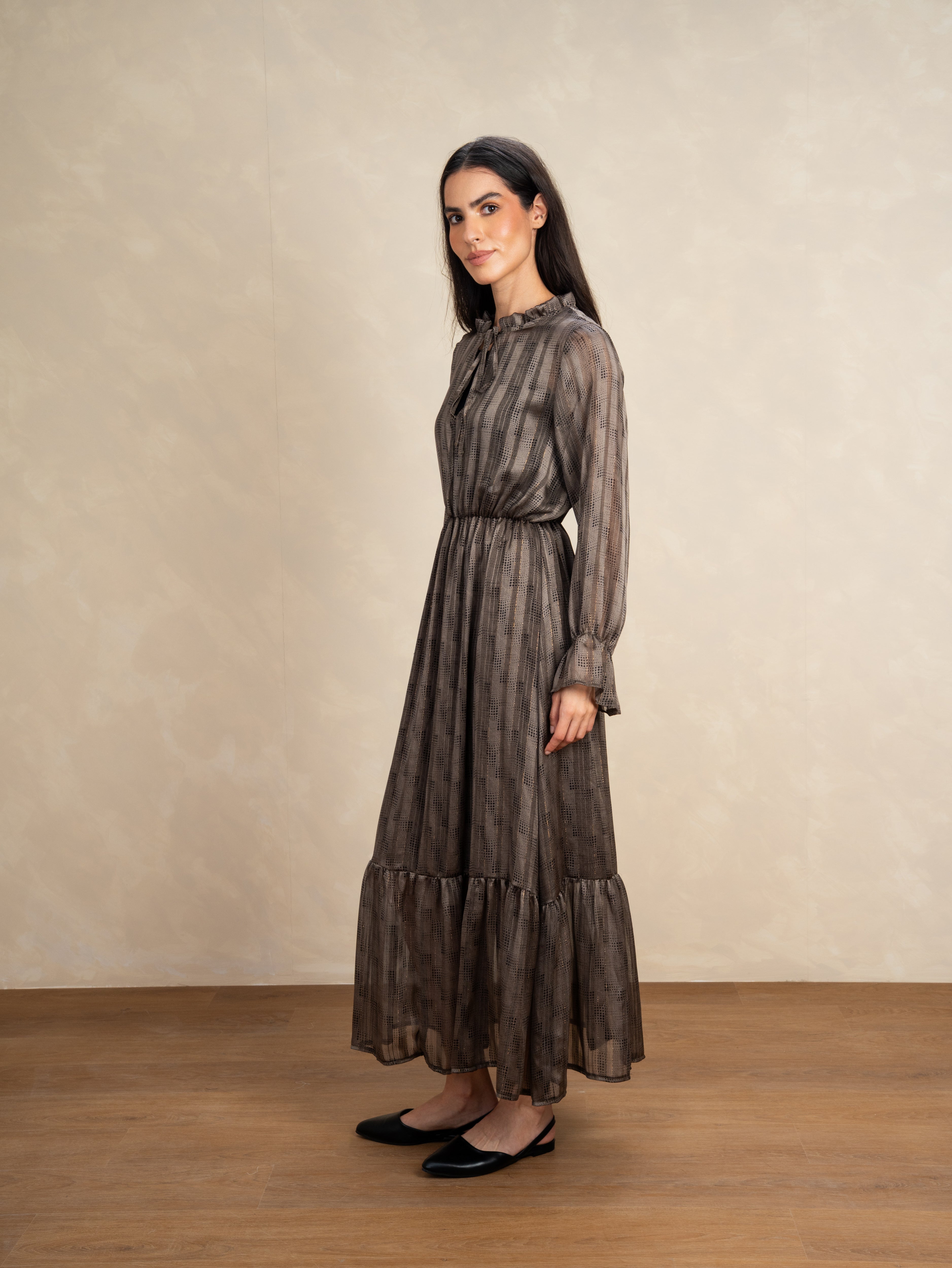 Checked Dress With Elastic Sleeves