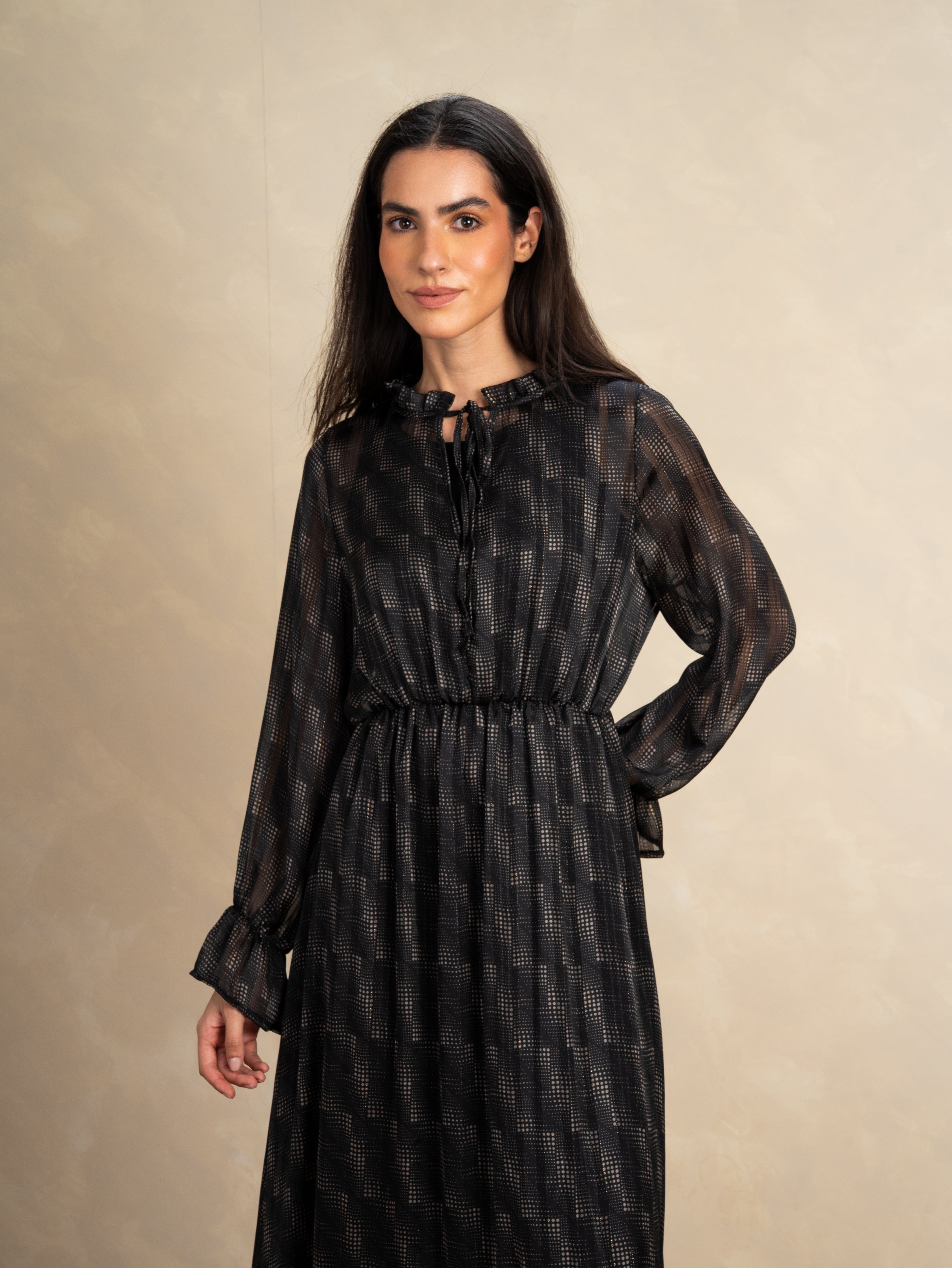 Checked Dress With Elastic Sleeves