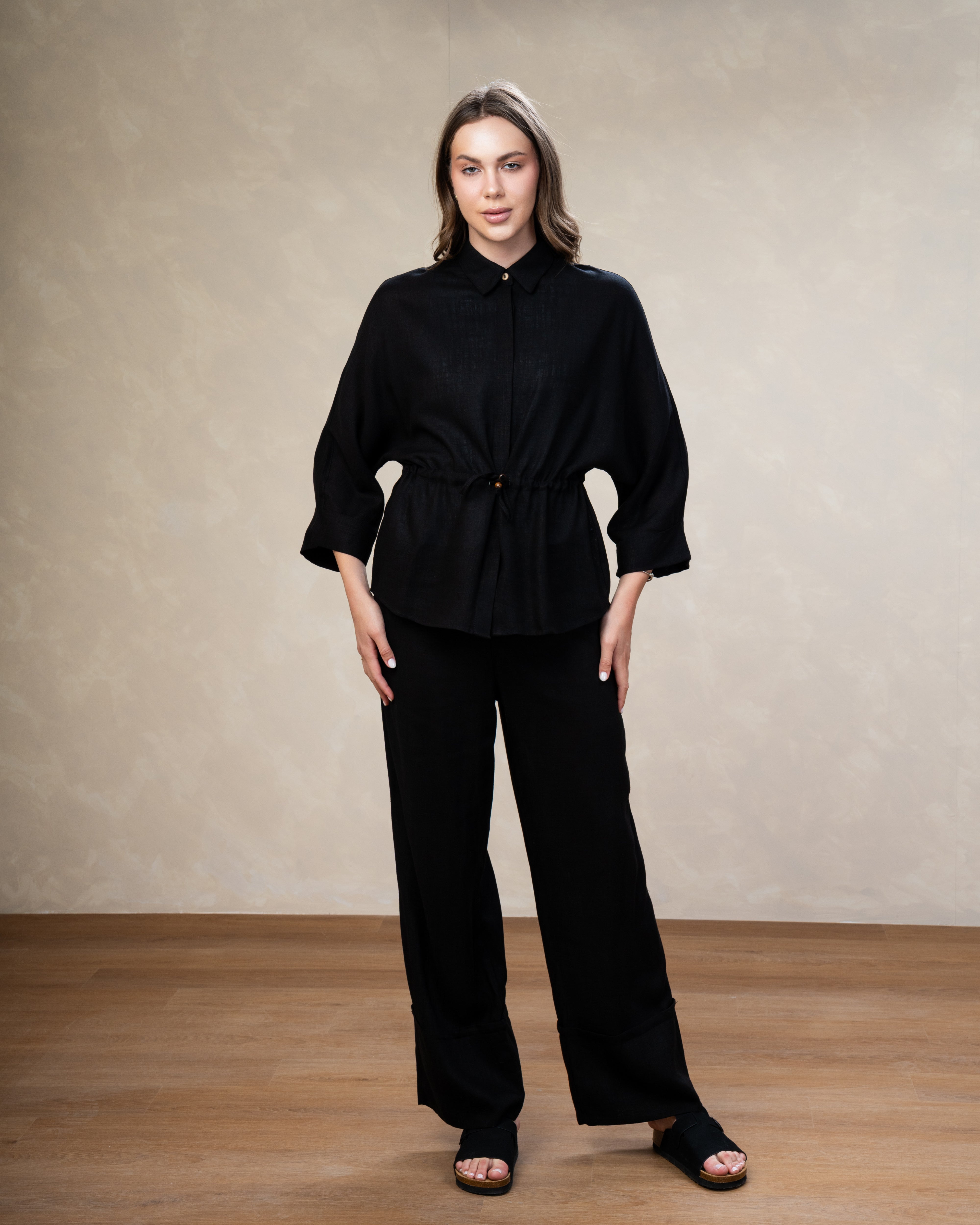 Plain Linen Shirt - With Waist Tie