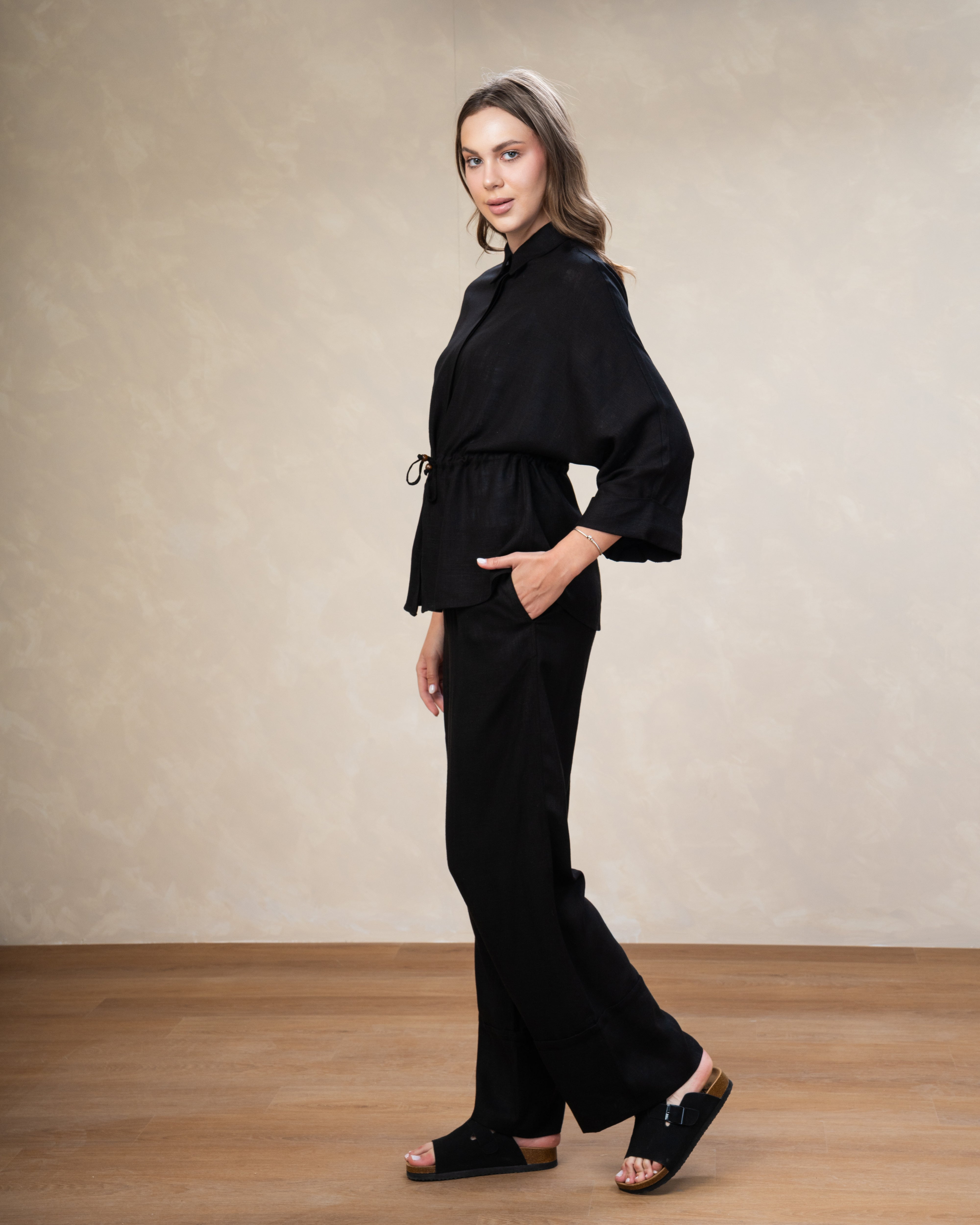 Plain Linen Shirt - With Waist Tie