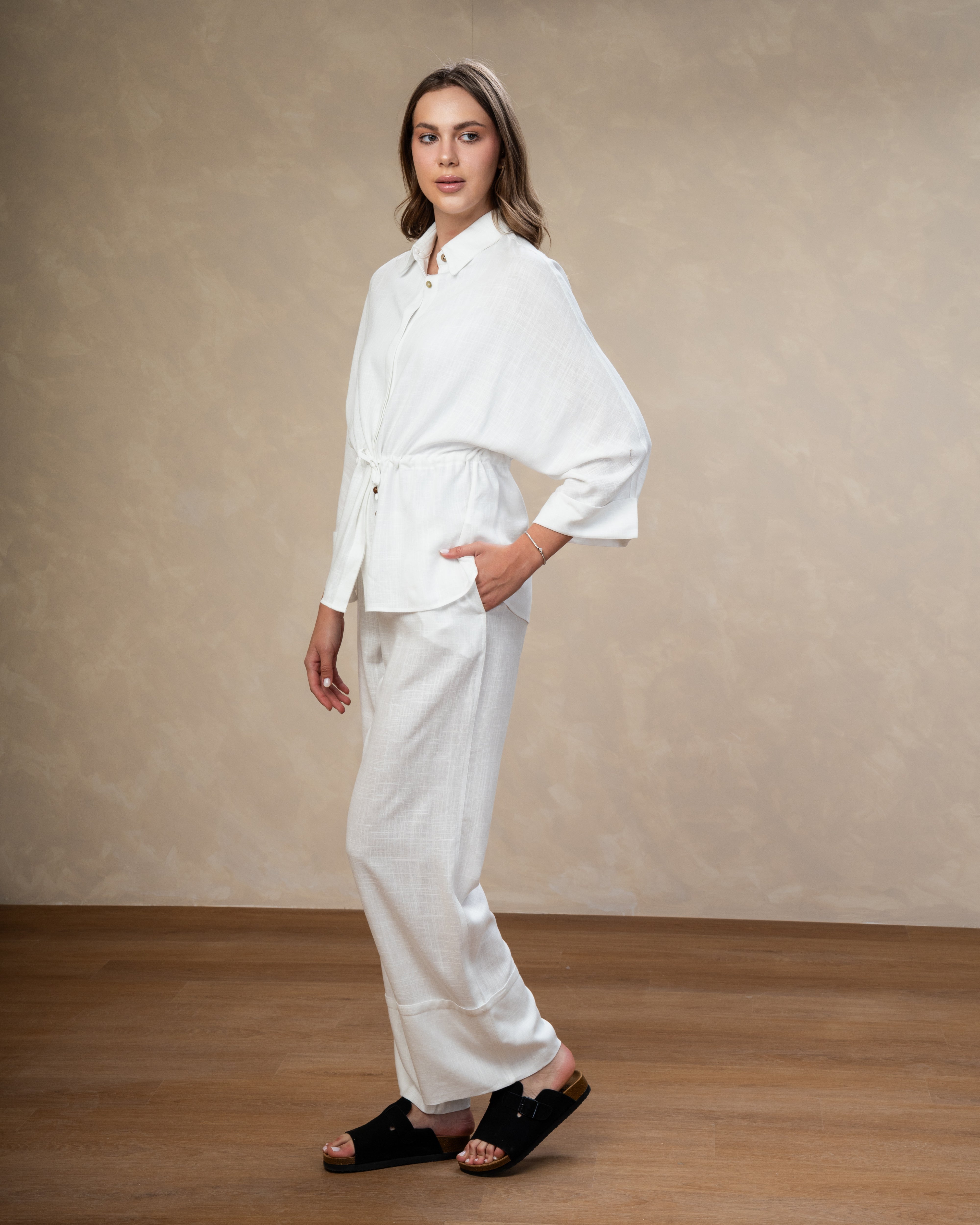 Plain Linen Shirt - With Waist Tie