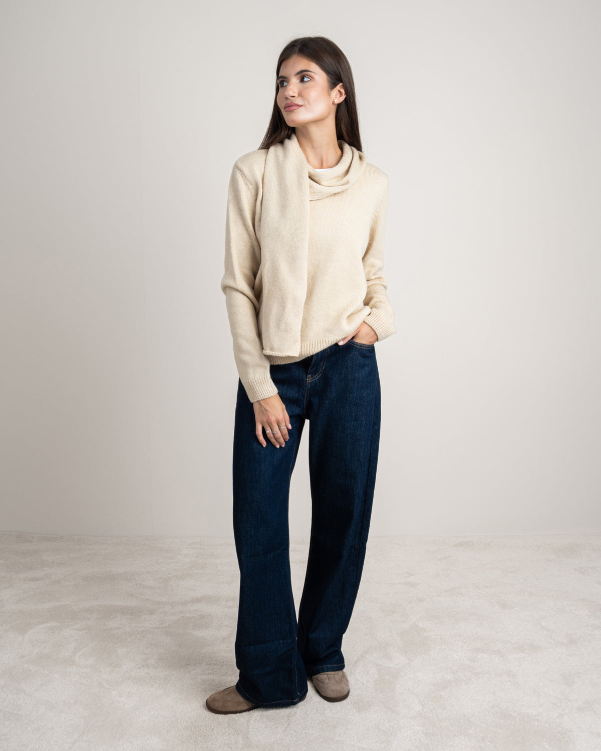 Plain Knitwear Pullover With Scarf