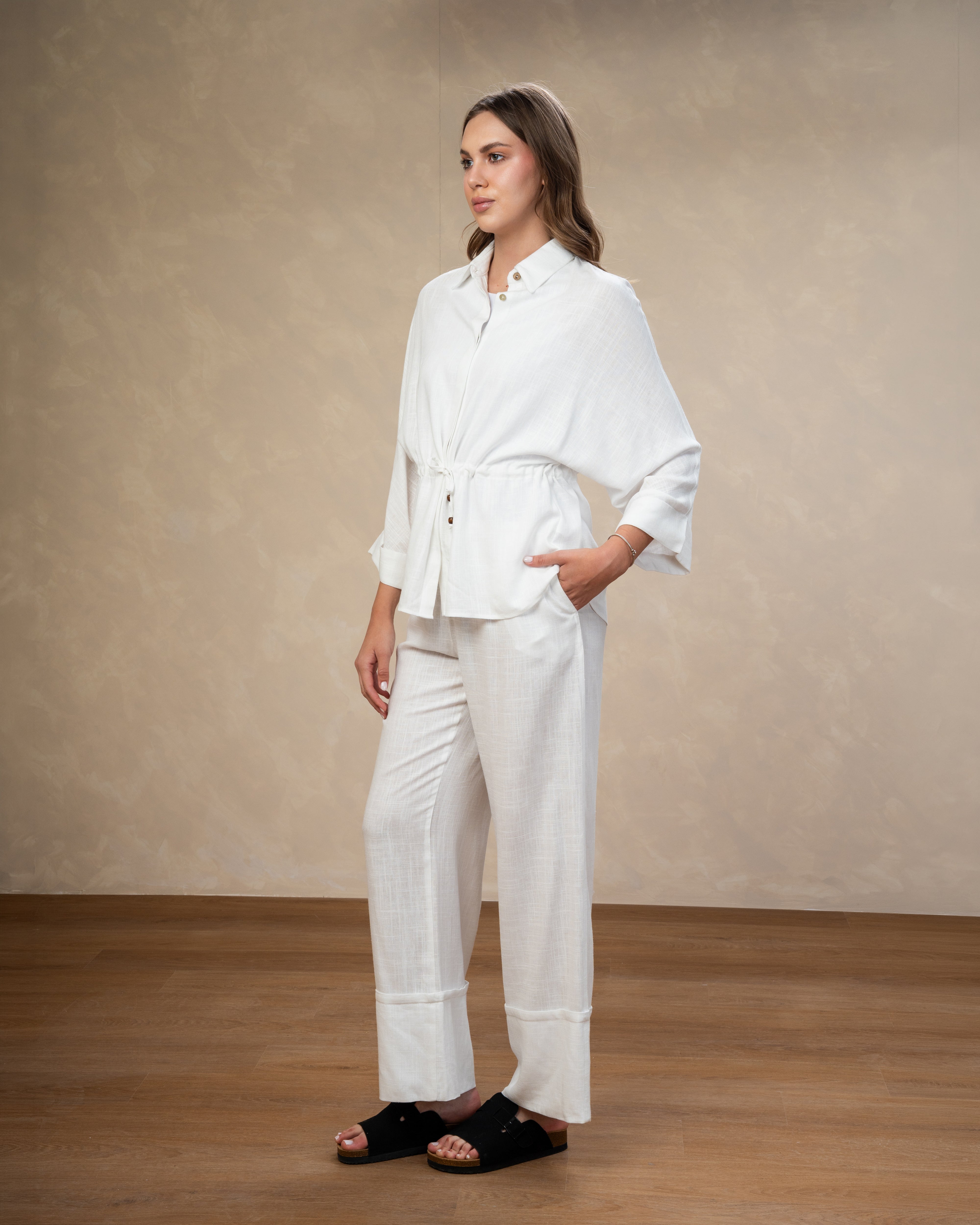 Plain Linen Shirt - With Waist Tie