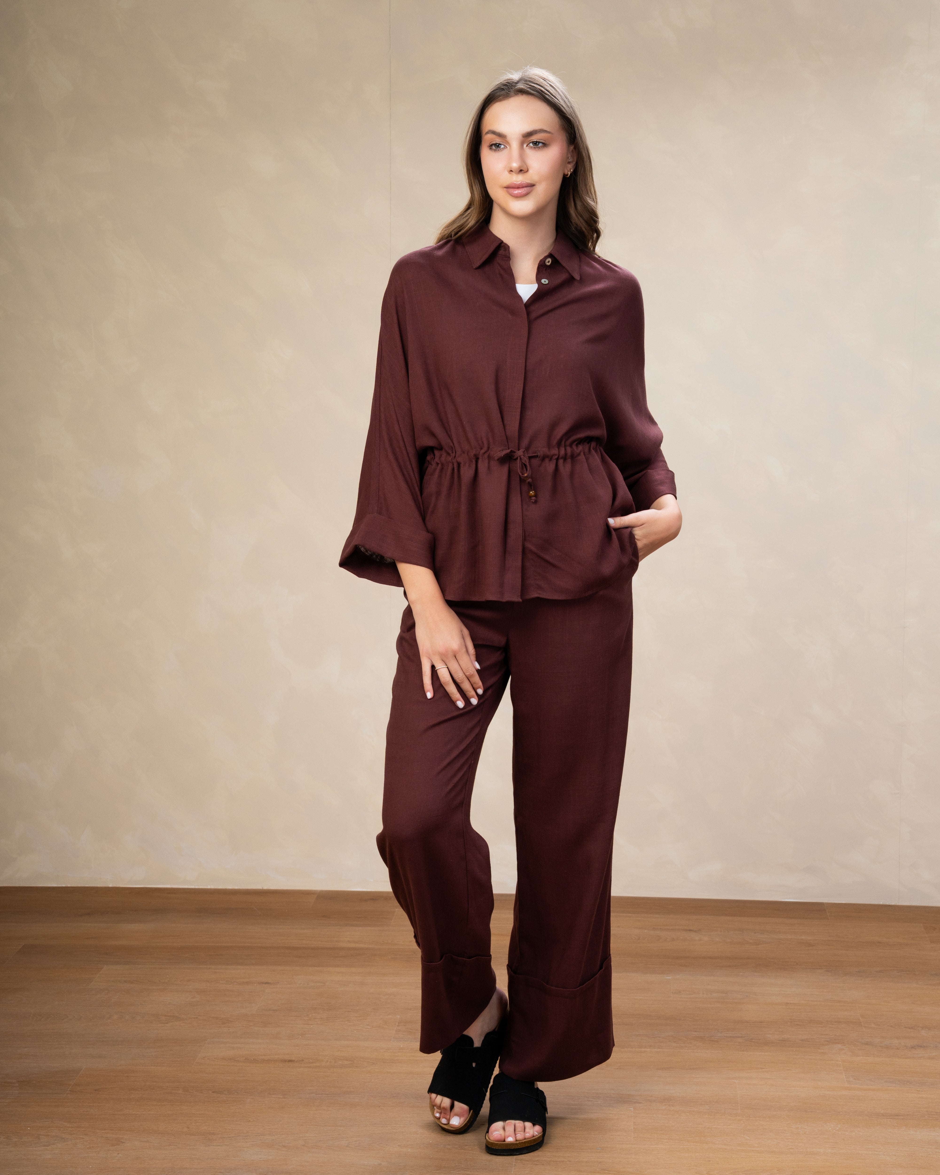 Plain Linen Shirt - With Waist Tie