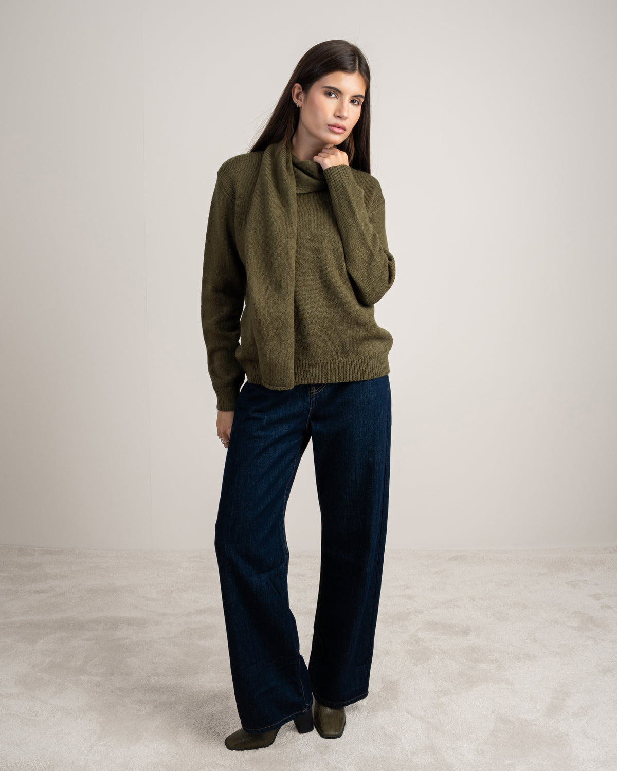 Plain Knitwear Pullover With Scarf
