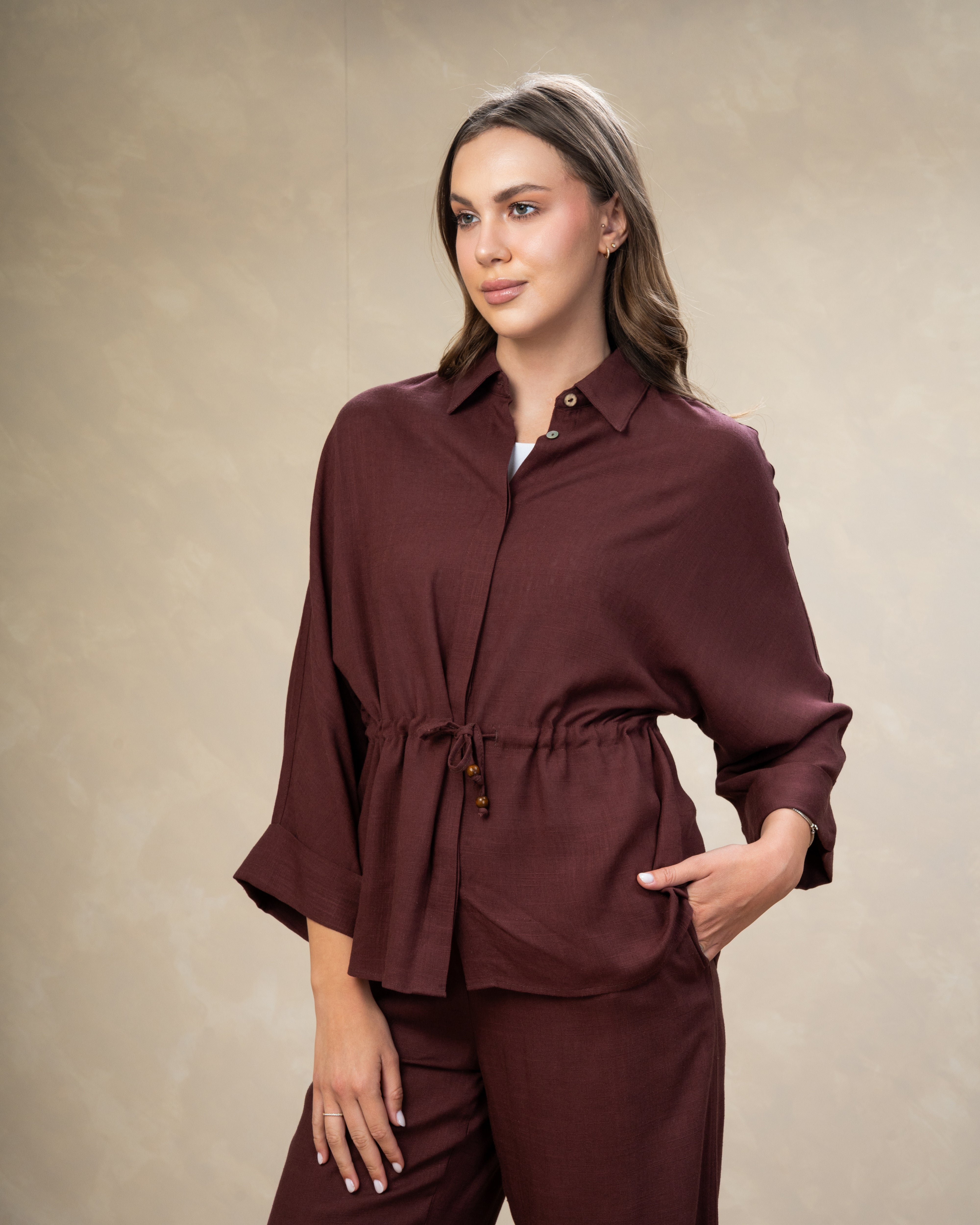 Plain Linen Shirt - With Waist Tie