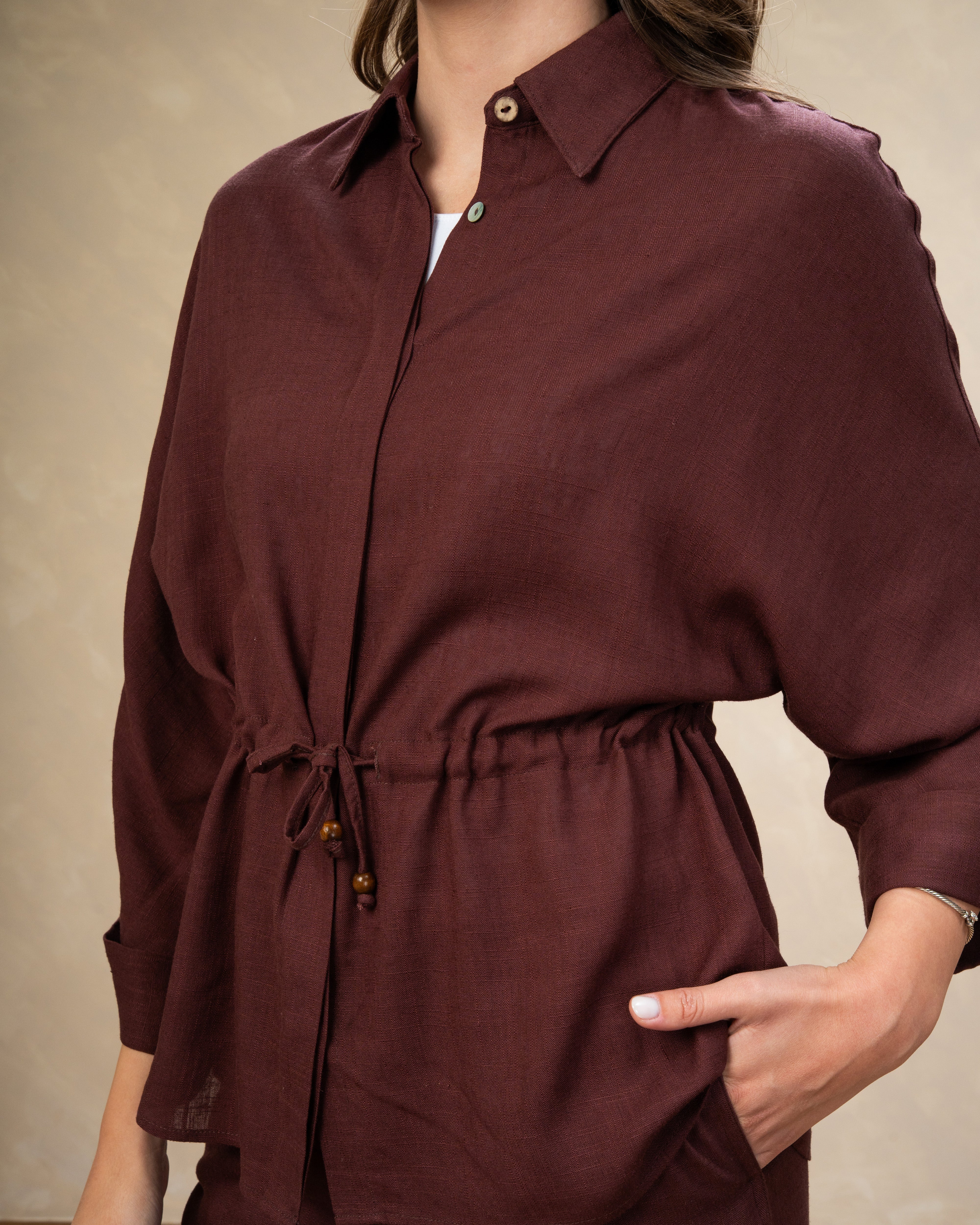 Plain Linen Shirt - With Waist Tie