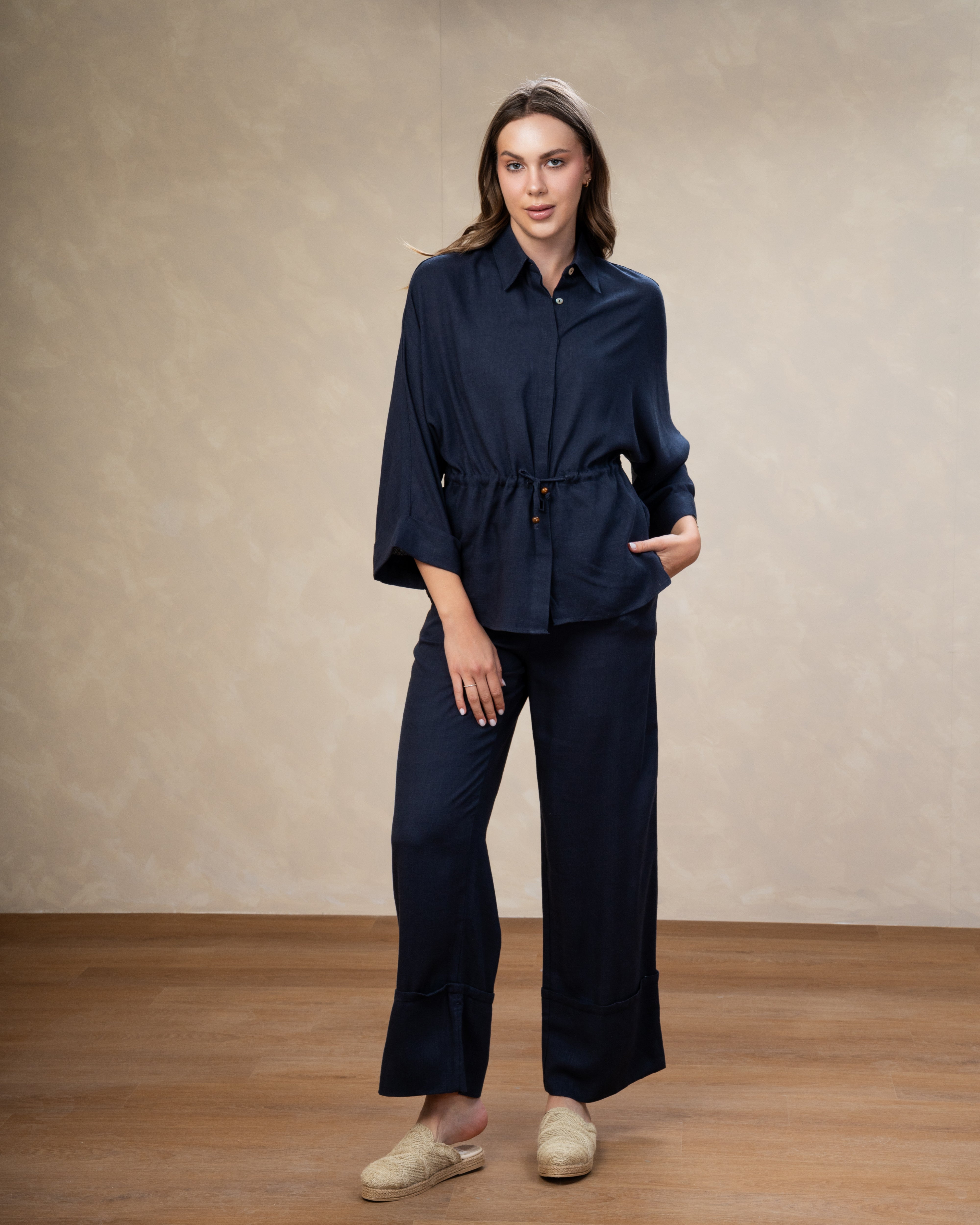 Plain Linen Shirt - With Waist Tie