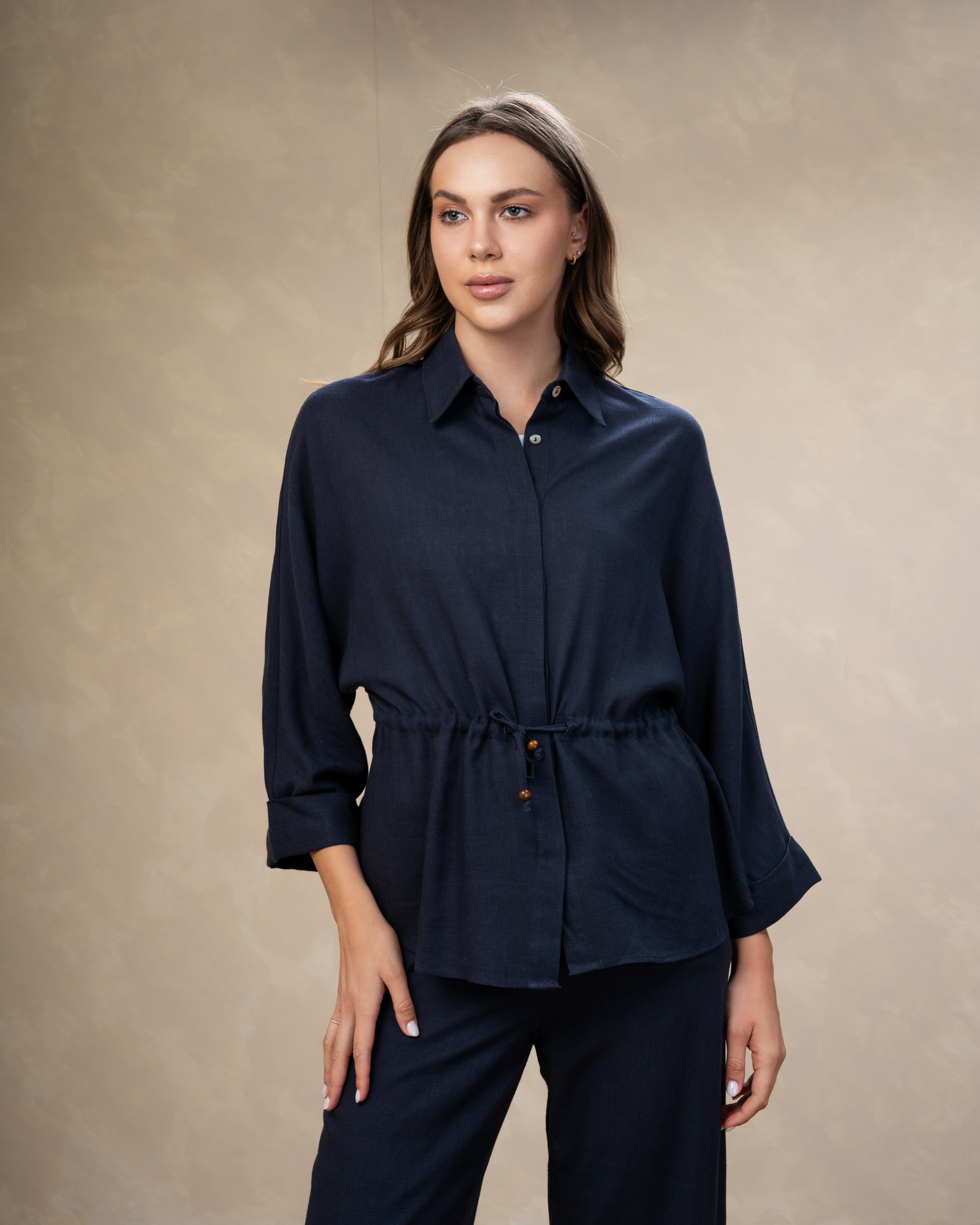 Plain Linen Shirt - With Waist Tie