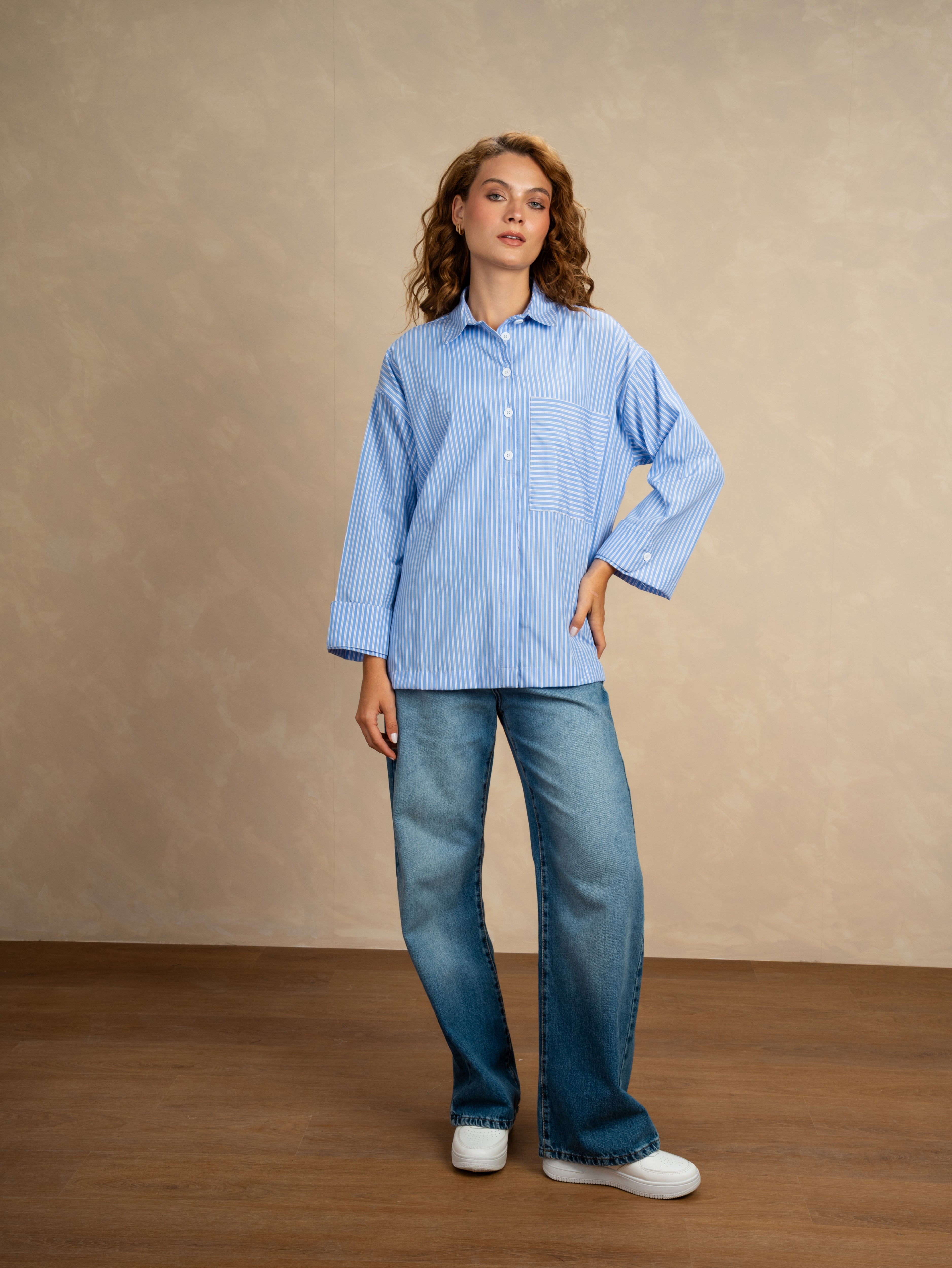 Striped Shirt With Rolled Sleeves And Half Buttons
