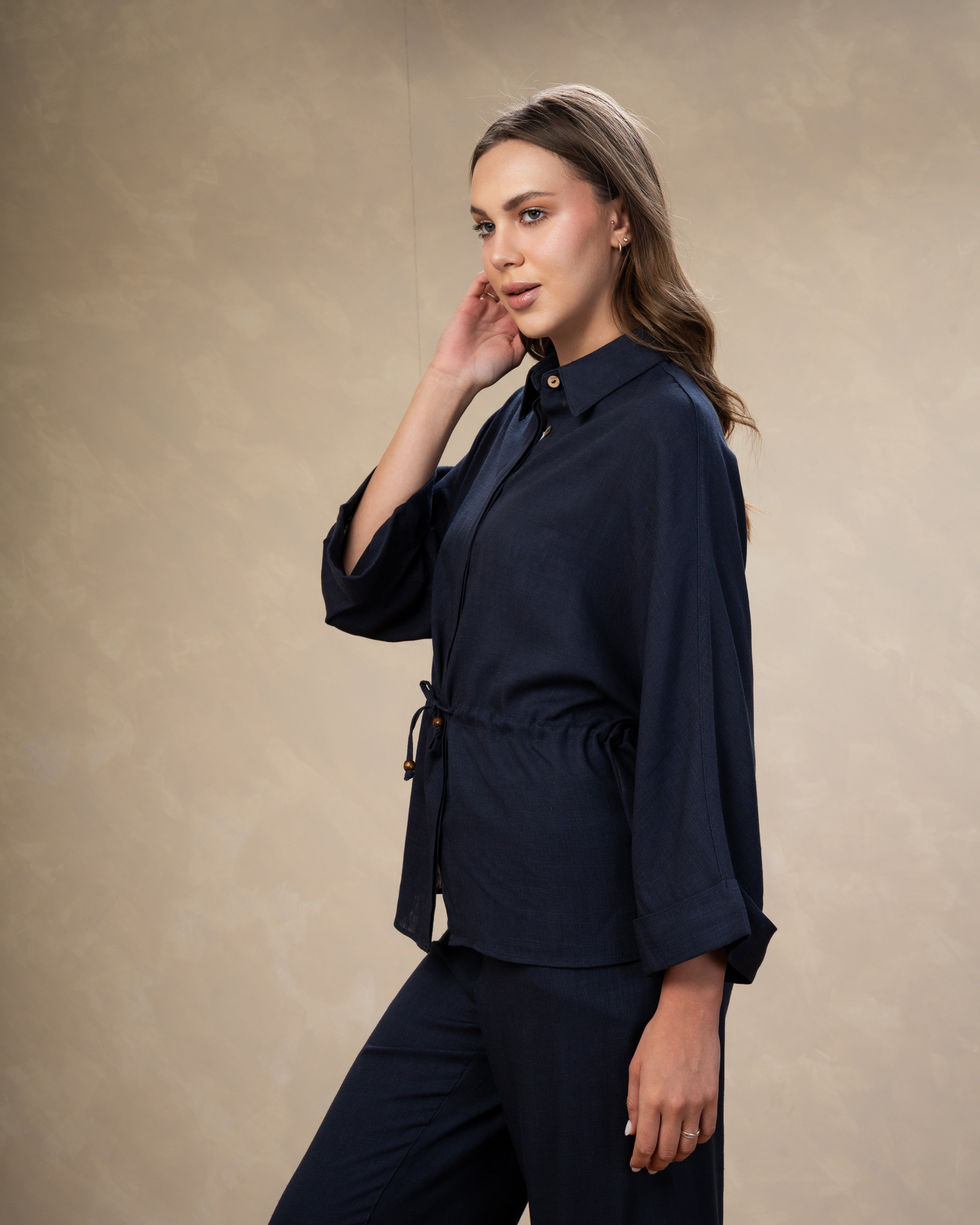 Plain Linen Shirt - With Waist Tie